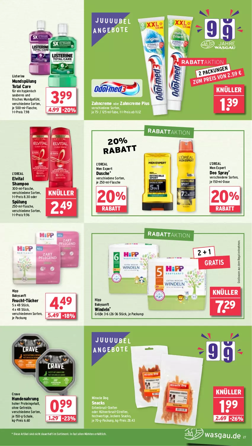 Aktueller Prospekt Wasgau - von 05.08 bis 10.08.2024 - strona 27 - produkty: angebot, angebote, auer, creme, deo, deo spray, dusche, eis, elvital, ente, Entenbrust, flasche, hipp, hühner, hundenahrung, je 500-ml-flasche, listerine, mundspülung, regal, reifen, reis, Schal, Schale, shampoo, snack, snacks, spülung, Ti, total care, tücher, vita, windeln, zahncreme