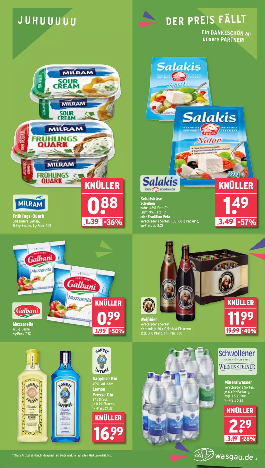 Aktueller Prospekt Wasgau - von 05.08 bis 10.08.2024 - strona 3 - produkty: Alwa, auer, Becher, beutel, bier, bombay sapphire, eis, feta, flasche, gin, Käse, mineralwasser, mozzarella, mw-flasche, natur, quark, reis, rel, sapphire, schafskäse, Ti, uhu, wasser