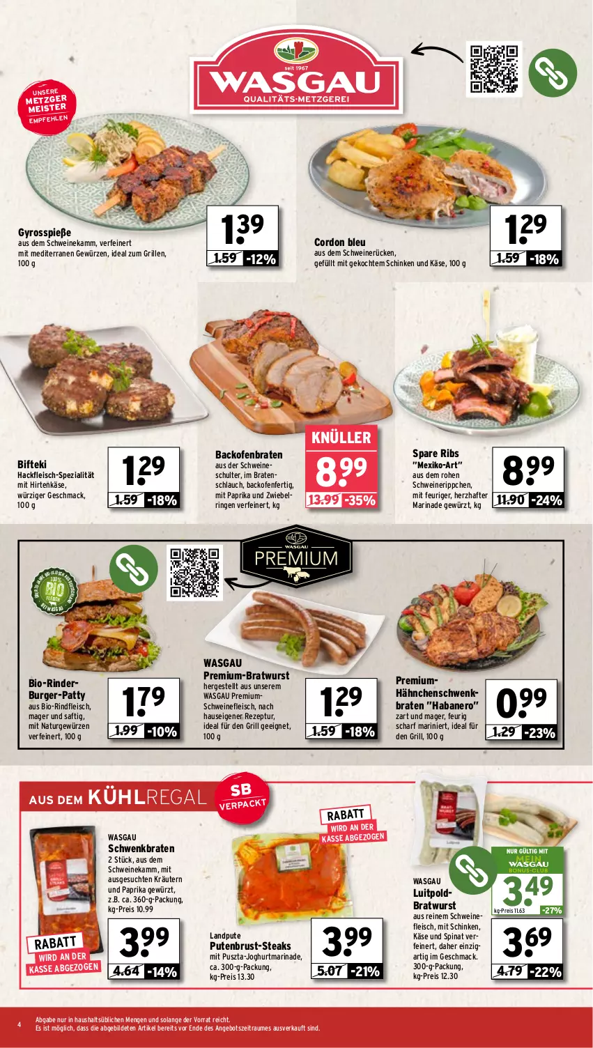 Aktueller Prospekt Wasgau - von 05.08 bis 10.08.2024 - strona 4 - produkty: angebot, backofen, Bifteki, bio, bio-rindfleisch, braten, bratwurst, burger, cordon bleu, eis, fleisch, gewürz, grill, gyros, hackfleisch, hirtenkäse, ideal zum grillen, joghur, joghurt, Käse, kräuter, kräutern, kühlregal, mac, marinade, Meister, mit paprika, natur, nero, Ofen, paprika, pute, putenbrust, regal, reis, rezept, rind, rinder, rindfleisch, ring, saft, schinken, schlauch, schwein, schweine, schweinefleisch, schweinerücken, spare ribs, Spezi, spinat, steak, steaks, Ti, wein, weine, wurst, zwiebel