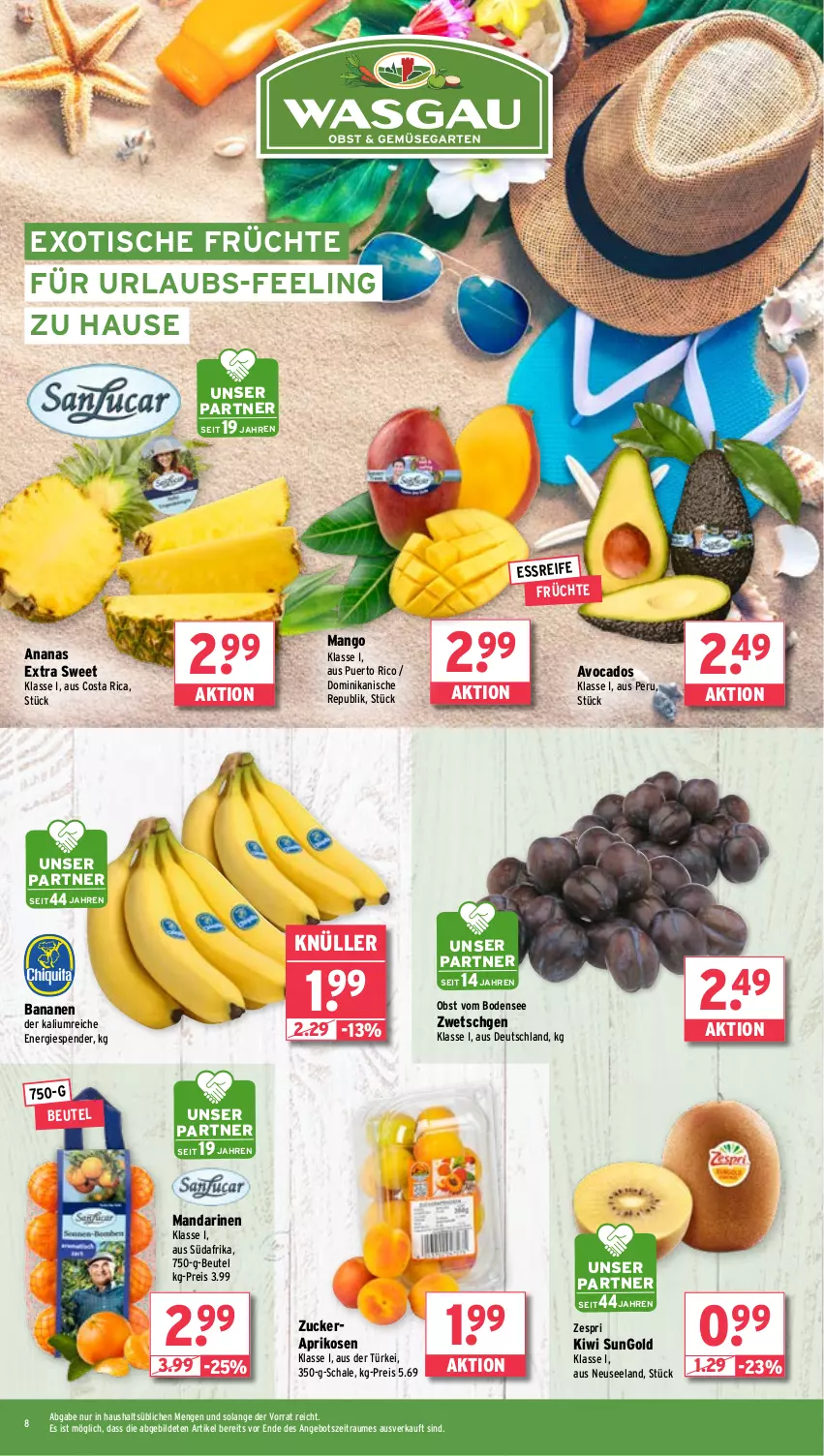 Aktueller Prospekt Wasgau - von 05.08 bis 10.08.2024 - strona 8 - produkty: ananas, angebot, aprikose, aprikosen, avocado, avocados, banane, bananen, beutel, eis, Elan, früchte, kiwi, mandarine, mandarinen, mango, obst, reis, Schal, Schale, Ti, tisch, zespri, zucker