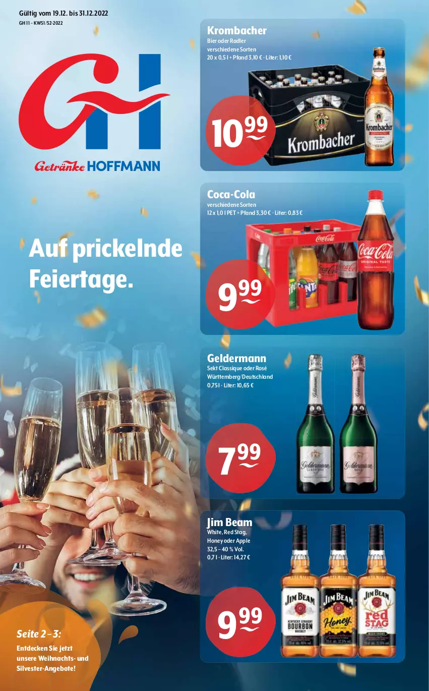 Aktueller Prospekt Getraenke Hoffmann - Prospekte - von 19.12 bis 31.12.2022 - strona 1 - produkty: angebot, angebote, Apple, bier, coca-cola, cola, decke, eier, geldermann, jim beam, krombache, krombacher, oder radler, radler, sekt, Ti