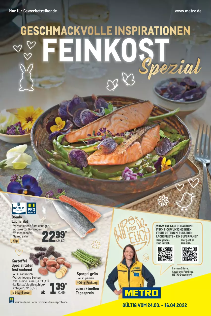 Aktueller Prospekt Metro - Feinkost Spezial - von 24.03 bis 16.04.2022 - strona 1 - produkty: Abtei, aqua, beutel, eis, elle, feinkost, filet, filets, fisch, fleisch, kartoffel, lachs, lachsfilet, lachsfilets, leine, mac, Metro, reis, rezept, rwe, spargel, spargel grün, Spezi, Ti