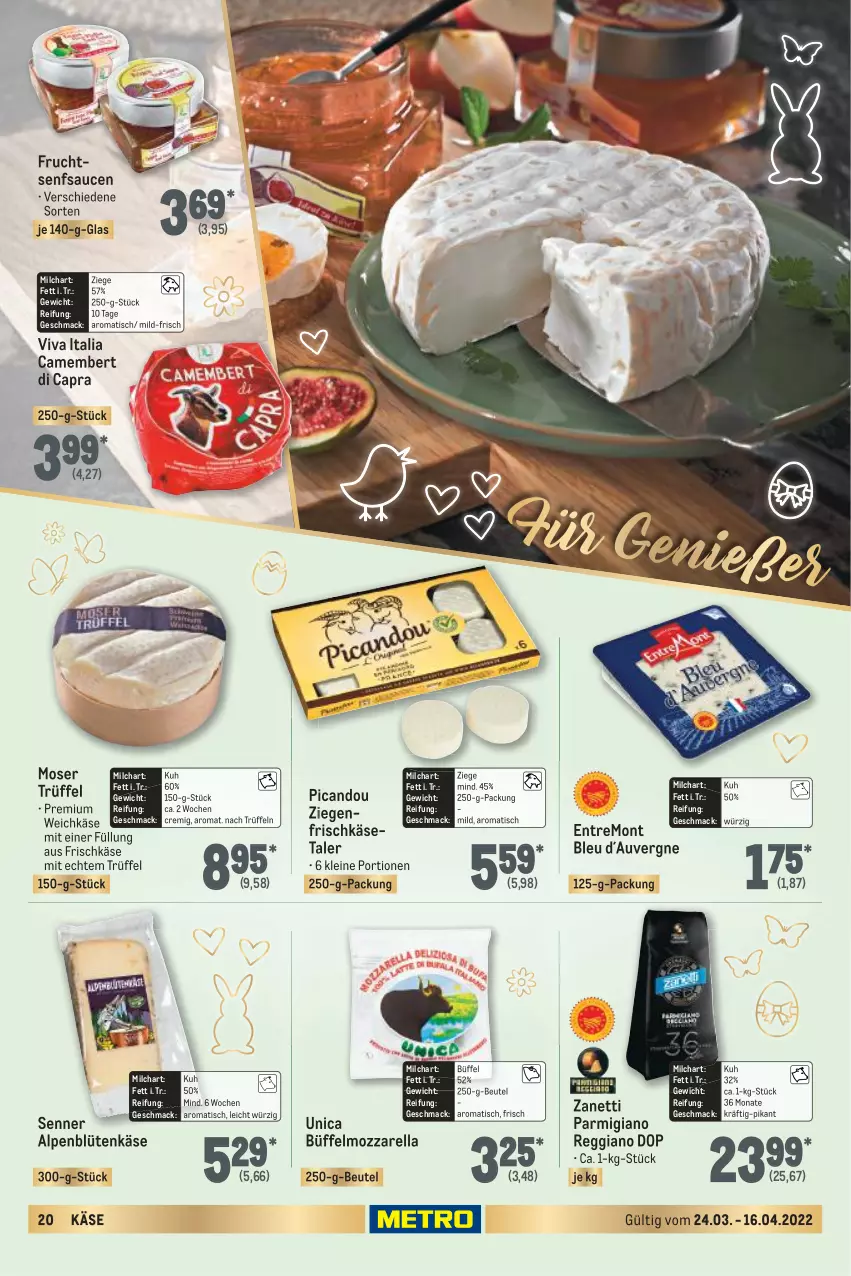 Aktueller Prospekt Metro - Feinkost Spezial - von 24.03 bis 16.04.2022 - strona 20 - produkty: beutel, Blüte, camembert, Cap, frischkäse, frucht, Käse, leine, mac, milch, moser, mozzarella, parmigiano, parmigiano reggiano, reggiano, rel, sauce, saucen, senf, Ti, tisch, Trüffel, weichkäse, ziegenfrischkäse