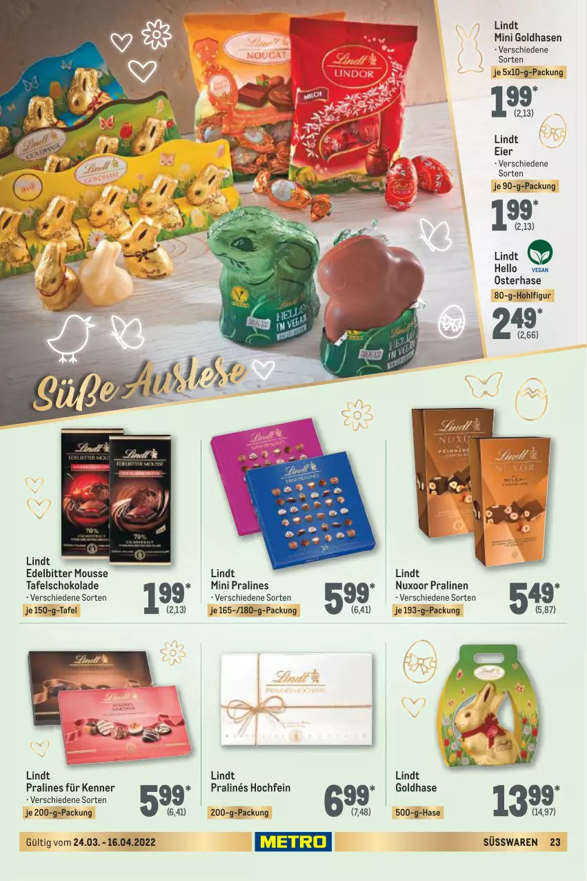 Aktueller Prospekt Metro - Feinkost Spezial - von 24.03 bis 16.04.2022 - strona 23 - produkty: eier, lindt, mousse, pralinen, schoko, schokolade, süsswaren, tafelschokolade, Ti