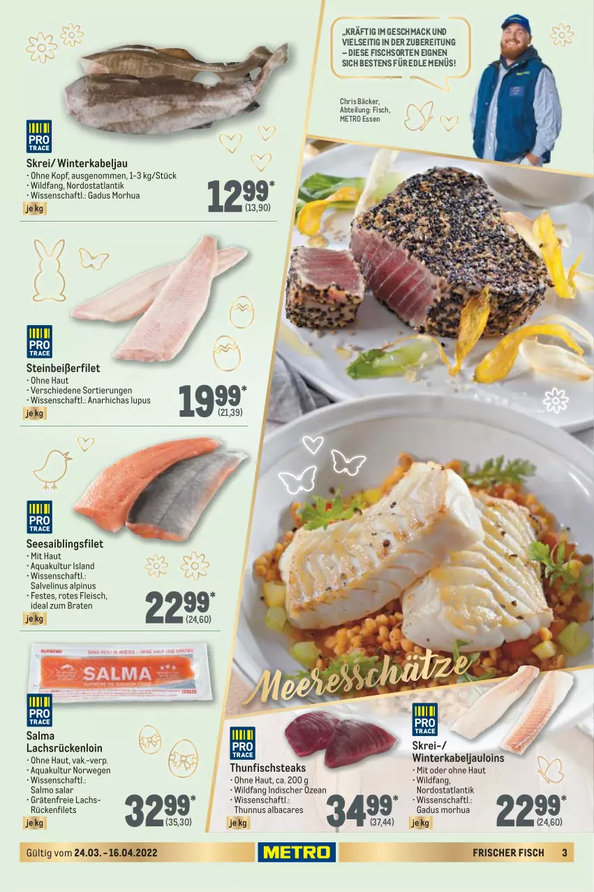 Aktueller Prospekt Metro - Feinkost Spezial - von 24.03 bis 16.04.2022 - strona 3 - produkty: Abtei, aqua, braten, eis, filet, filets, fisch, fleisch, ideal zum braten, lachs, mac, Metro, rwe, Saibling, Seesaiblingsfilet, steak, steaks, Steinbeißer, Steinbeißerfilet, thunfisch, Ti, Wild