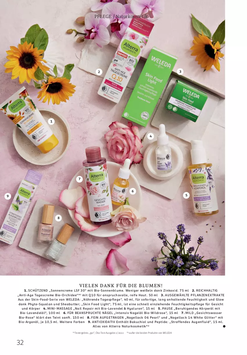 Aktueller Prospekt Rossmann - Prospekte - von 06.05 bis 28.07.2024 - strona 32 - produkty: alterra, bio, blume, blumen, butter, creme, feuchtigkeitspflege, Gesichtswasser, hyaluron, kosmetik, lack, lavendel, Nagellack, natur, naturkosmetik, orchidee, pflanze, pflanzen, Q10, Schütze, Sheabutter, sonnenblume, sonnencreme, tagescreme, Tagespflege, Ti, wasser, weleda, Wild