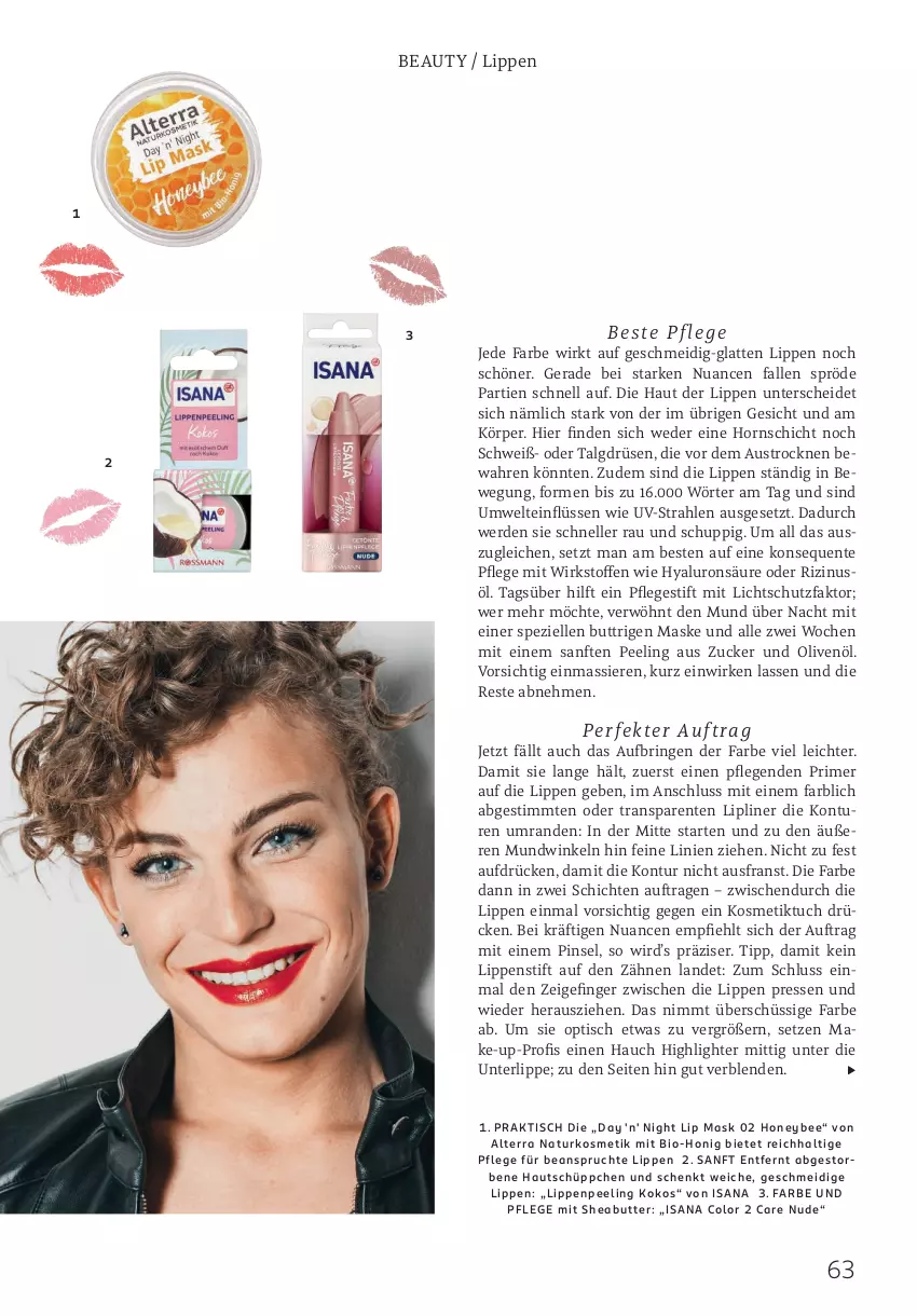 Aktueller Prospekt Rossmann - Prospekte - von 06.05 bis 28.07.2024 - strona 63 - produkty: alterra, aust, bio, butter, elle, ente, erde, honig, hyaluron, isana, kokos, kosmetik, latte, LG, Lippenstift, Make-up, Maske, natur, naturkosmetik, Nuance, olive, oliven, olivenöl, Peeling, Pinsel, ring, Rizinusöl, sana, Sheabutter, Spezi, Ti, tisch, tuc, zucker