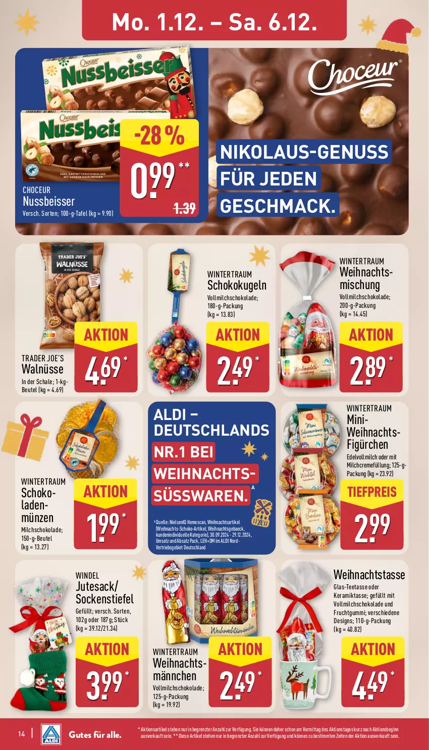 Aktueller Prospekt Aldi Nord - Von Montag - von 01.12 bis 06.12.2025 - strona 14 - produkty: aldi, beutel, creme, eis, elle, frucht, fruchtgummi, gin, Kugel, mac, milch, nuss, reis, sac, Schal, Schale, schoko, schokolade, schokoladen, socken, süsswaren, tasse, tee, Teetasse, tesa, Ti, tiefpreis, vollmilch, ZTE