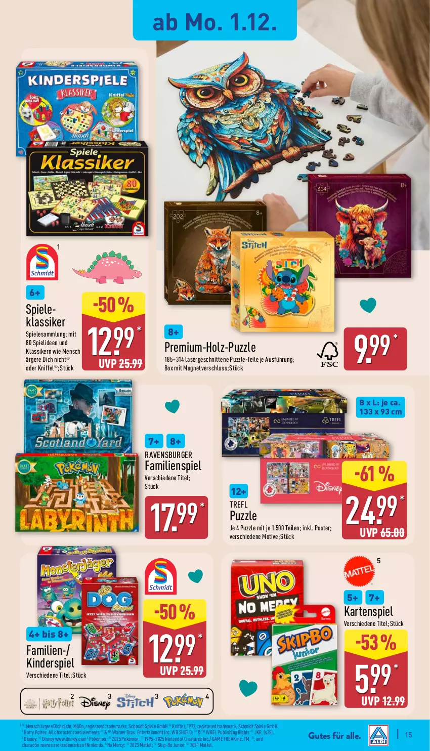 Aktueller Prospekt Aldi Nord - Von Montag - von 01.12 bis 06.12.2025 - strona 15 - produkty: burger, disney, ente, Familienspiel, Holz, Holz-Puzzle, Kartenspiel, Kinder, Kinderspiel, Mattel, nintendo, Puzzle, ravensburger, schnitten, Spiele, Ti