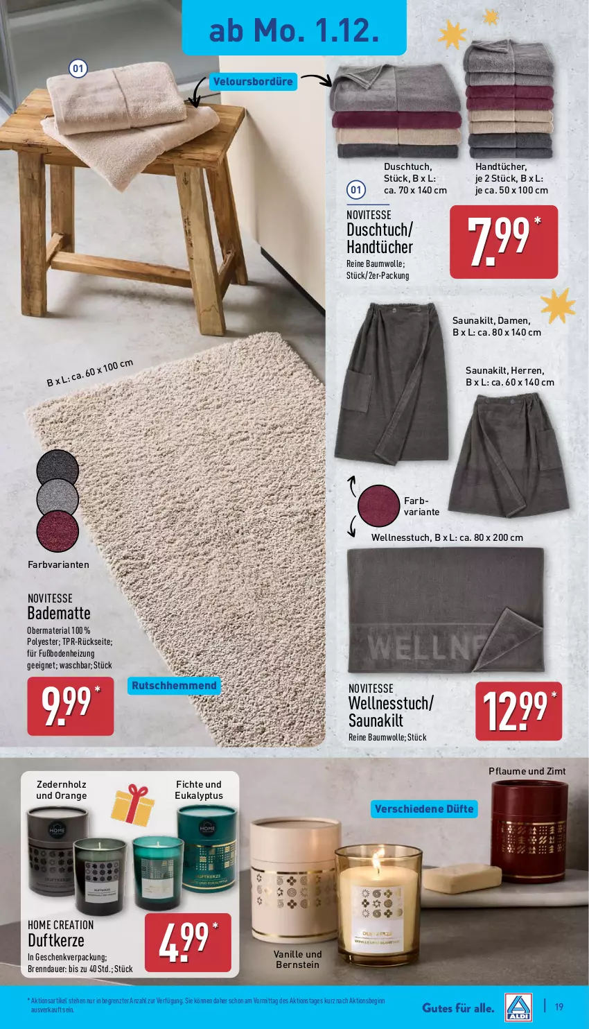 Aktueller Prospekt Aldi Nord - Von Montag - von 01.12 bis 06.12.2025 - strona 19 - produkty: auer, Bad, badematte, Bau, baumwolle, Duftkerze, duschtuch, gin, handtücher, Holz, kerze, orange, pflaume, reine baumwolle, Ria, Saunakilt, Ti, tuc, tücher, vanille, Wellnesstuch, wolle, ZTE