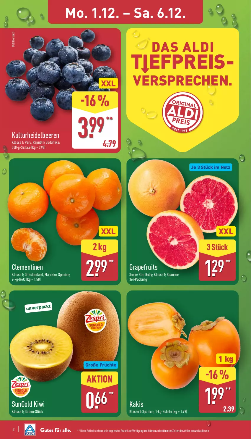 Aktueller Prospekt Aldi Nord - Von Montag - von 01.12 bis 06.12.2025 - strona 2 - produkty: aldi, beere, beeren, clementinen, eis, früchte, grapefruit, heidelbeere, heidelbeeren, Kaki, kiwi, kiwifruit, reis, Schal, Schale, Ti, ZTE