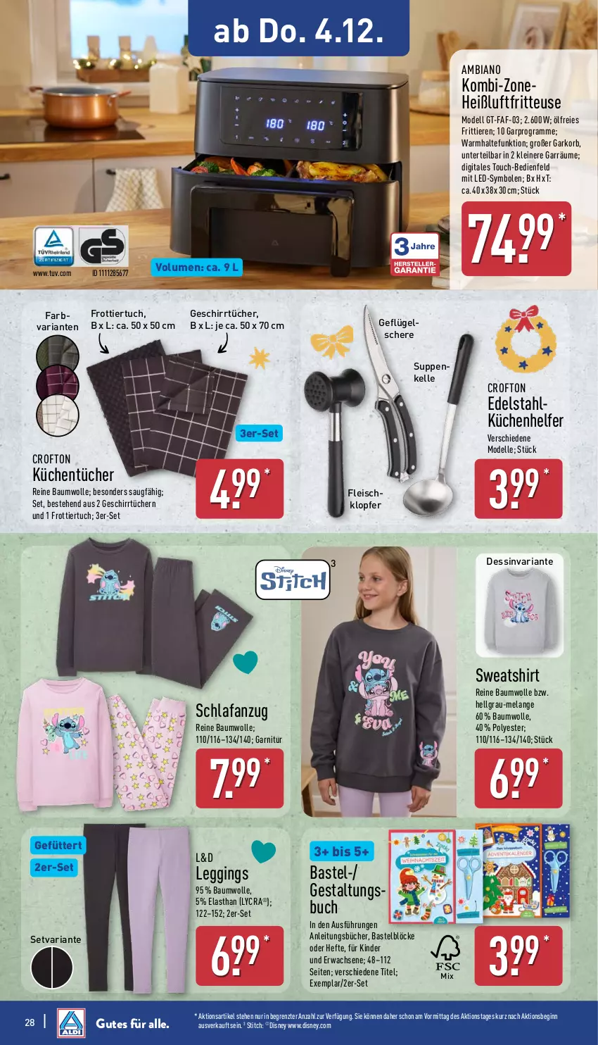 Aktueller Prospekt Aldi Nord - Von Montag - von 01.12 bis 06.12.2025 - strona 28 - produkty: ambia, Anzug, Bau, baumwolle, buch, Crofton, dell, disney, edelstahl, eis, Elan, elle, fleisch, fritteuse, garnitur, Geflügel, geschirr, geschirrtücher, gin, Hefte, Heißluftfritteuse, Kinder, korb, küche, Küchen, Küchenhelfer, küchentücher, leggings, leine, LG, Mode, reine baumwolle, Ria, Schere, Schlafanzug, shirt, suppe, suppen, Sweatshirt, Ti, Tiere, tuc, tücher, wolle, ZTE