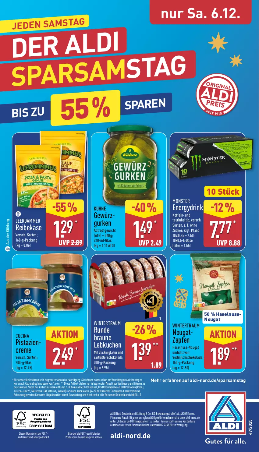 Aktueller Prospekt Aldi Nord - Von Montag - von 01.12 bis 06.12.2025 - strona 36 - produkty: aldi, auto, backwaren, braun, brut, cin, creme, drink, eis, Elektro, gewürz, Gewürzgurke, gewürzgurken, gin, gurke, gurken, haselnuss, HP, Käse, kuchen, Kühne, Laufen, Lebkuchen, leerdammer, magazin, milch, monster, Monster Energy, nuss, papier, pistazien, Reibekäse, schoko, schokolade, telefon, Ti, vollmilch, Yo, Zartbitterschokolade, ZTE, zucker
