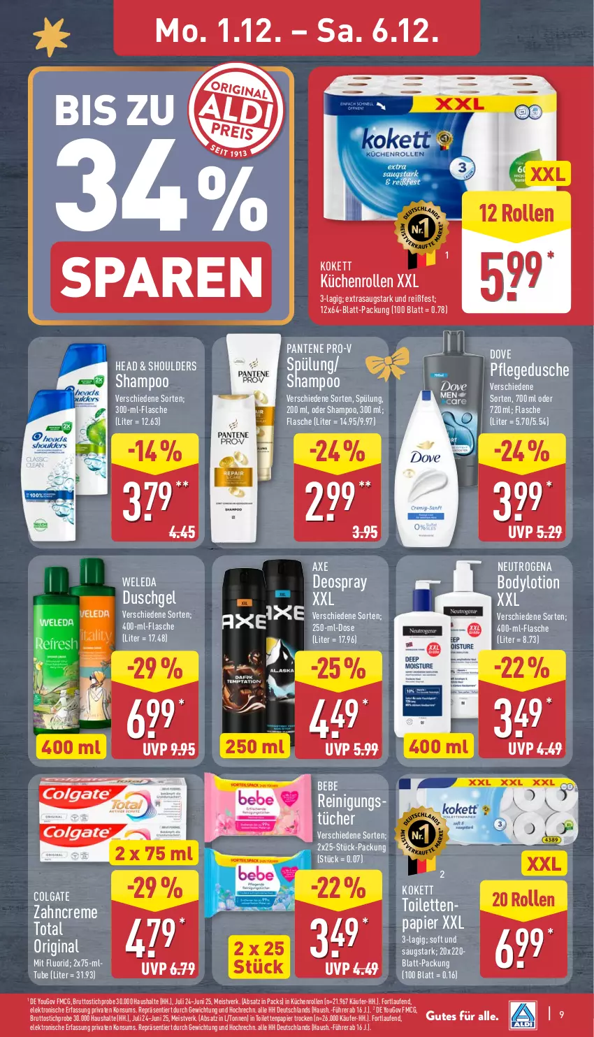Aktueller Prospekt Aldi Nord - Von Montag - von 01.12 bis 06.12.2025 - strona 9 - produkty: axe, Bebe, body, bodylotion, brut, colgate, creme, deo, deospray, dove, dusche, duschgel, eis, Elektro, flasche, gin, HP, küche, Küchen, küchenrolle, küchenrollen, Laufen, LG, Lotion, neutrogena, pantene, pantene pro-v, papier, pflegedusche, pro-v, Reinigung, reinigungstücher, shampoo, spülung, Ti, toilettenpapier, tücher, weleda, Yo, zahncreme