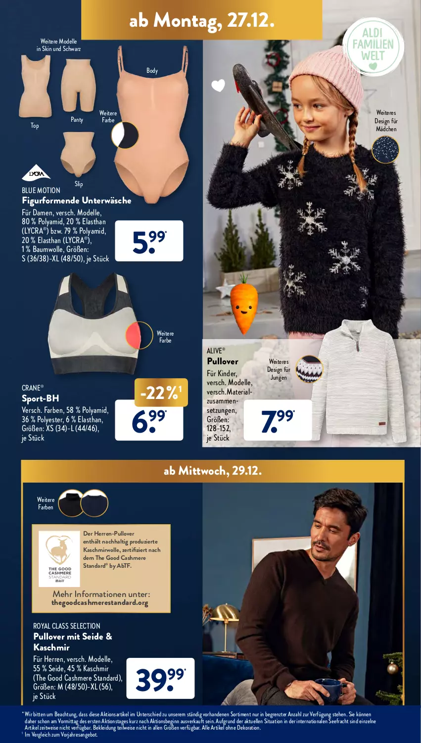 Aktueller Prospekt AldiSud - ALDI Aktuell - von 27.12 bis 31.12.2021 - strona 19 - produkty: alle artikel ohne dekoration, angebot, Bau, baumwolle, body, cashmere, dekoration, dell, eis, elle, gin, Kinder, kleid, Kleidung, Mode, panty, Pullover, resa, Ria, slip, Sport, Ti, Unterwäsche, wolle, ZTE