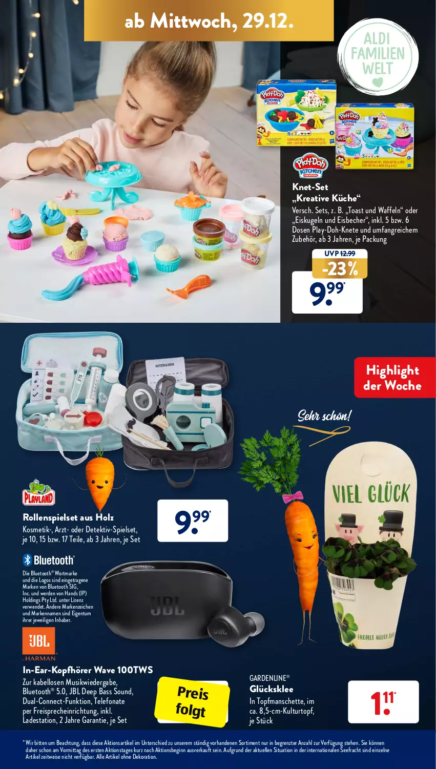 Aktueller Prospekt AldiSud - ALDI Aktuell - von 27.12 bis 31.12.2021 - strona 21 - produkty: alle artikel ohne dekoration, Becher, dekoration, eis, eisbecher, elle, erde, freisprecheinrichtung, gardenline®, gin, glücksklee, Holz, in-ear-kopfhörer, jbl, kopfhörer, kosmetik, küche, Kugel, kulturtopf, LG, Play-Doh, reis, rwe, telefon, Ti, toast, topf, waffeln, ZTE