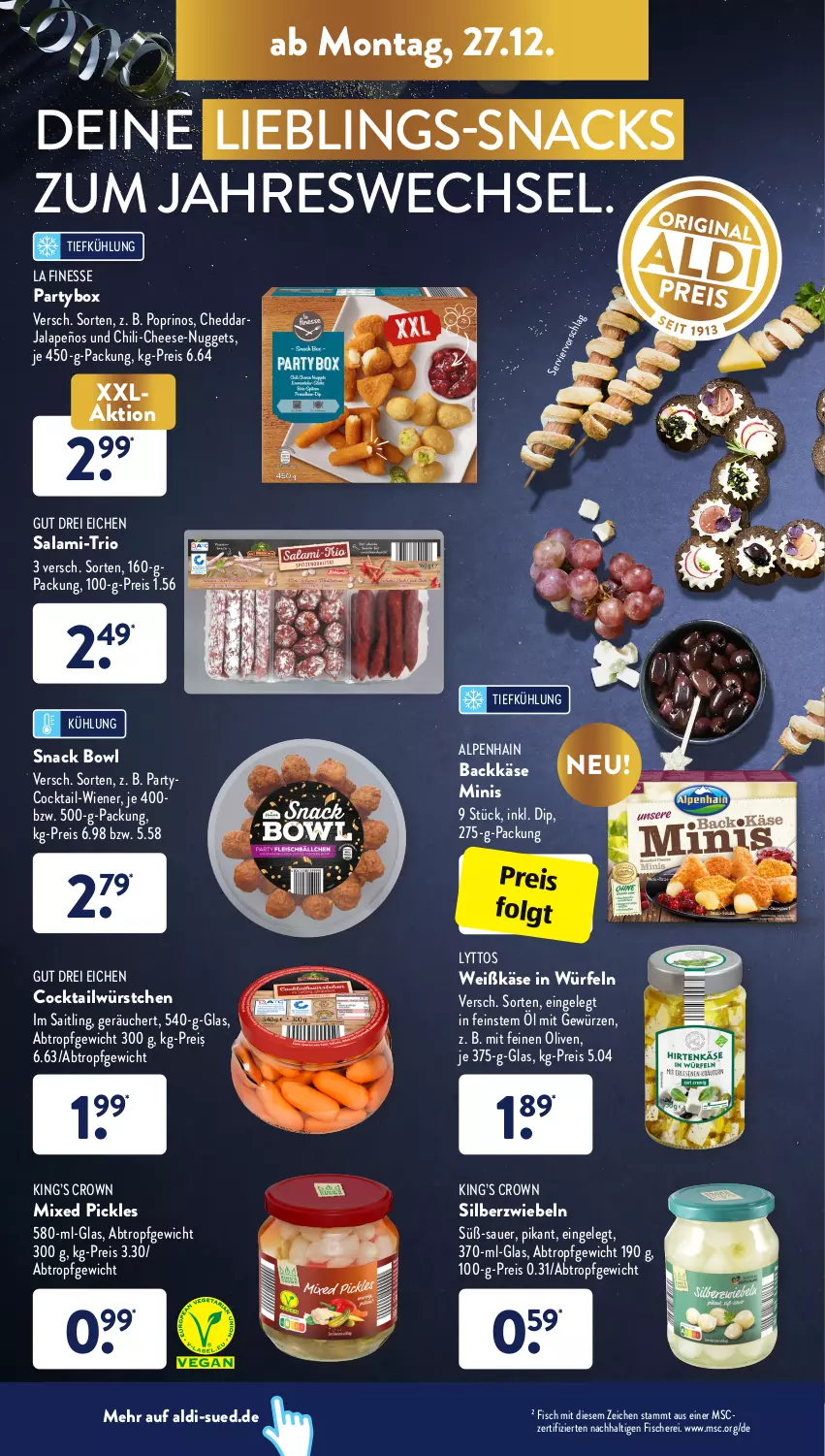 Aktueller Prospekt AldiSud - ALDI Aktuell - von 27.12 bis 31.12.2021 - strona 6 - produkty: aldi, Alpenhain, auer, cheddar, chili, cocktail, dip, eis, finesse, fisch, fische, Fischer, gewürz, jalapeño, Käse, LG, Mixed Pickles, nuggets, olive, oliven, reis, salami, Schere, Silberzwiebel, snack, snacks, Ti, wiener, würfel, würstchen, zwiebel, zwiebeln