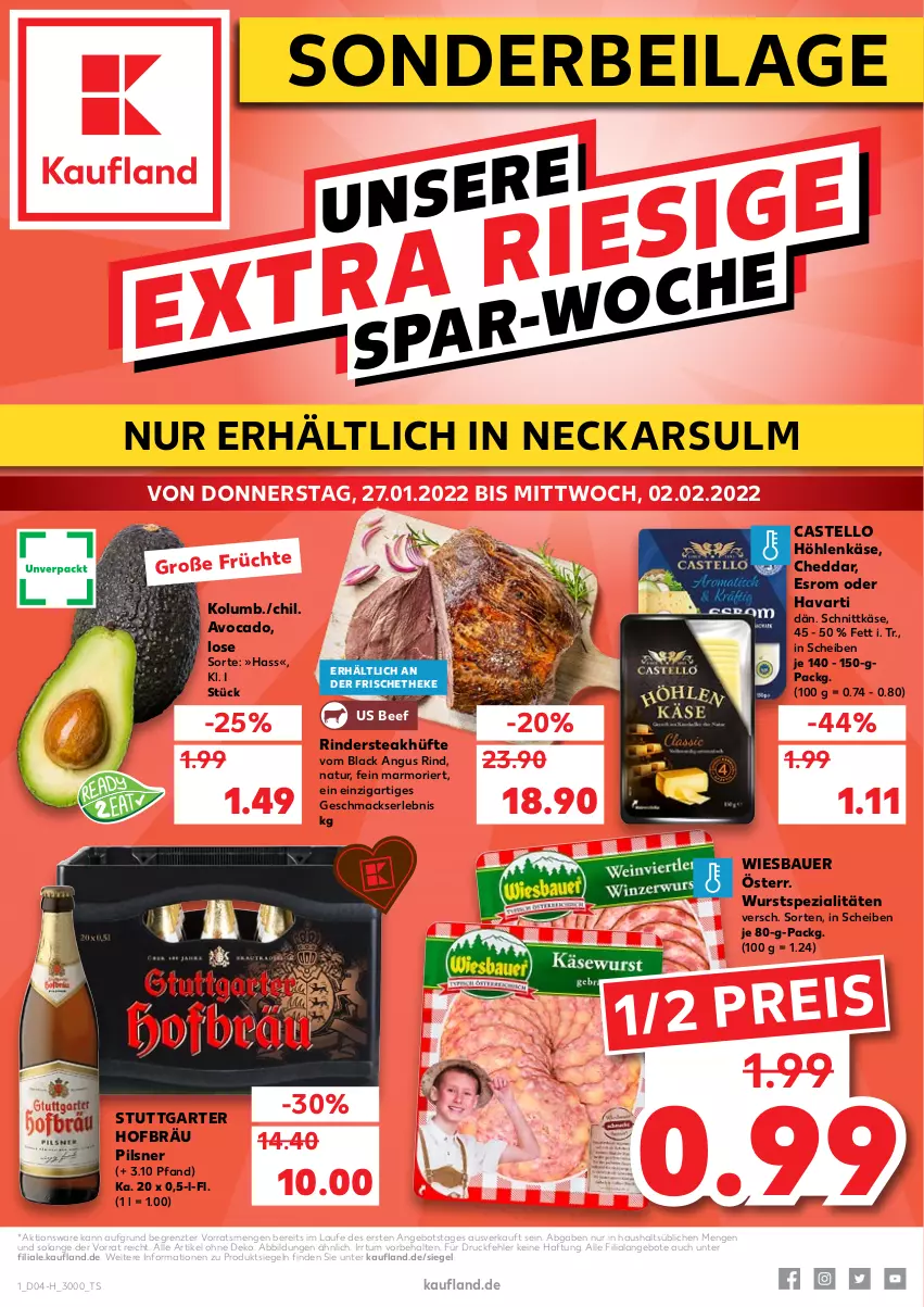 Aktueller Prospekt Kaufland - Spezielle Angebote - von 27.01 bis 02.02.2022 - strona 1 - produkty: angebot, angebote, auer, avocado, Bau, Bauer, beef, cheddar, eis, esrom, höhlenkäse, ilag, Käse, lack, mac, natur, pils, pilsner, reis, rind, rinder, Rindersteak, schnittkäse, Spezi, steak, steakhüfte, Ti, wiesbauer, wurst, ZTE