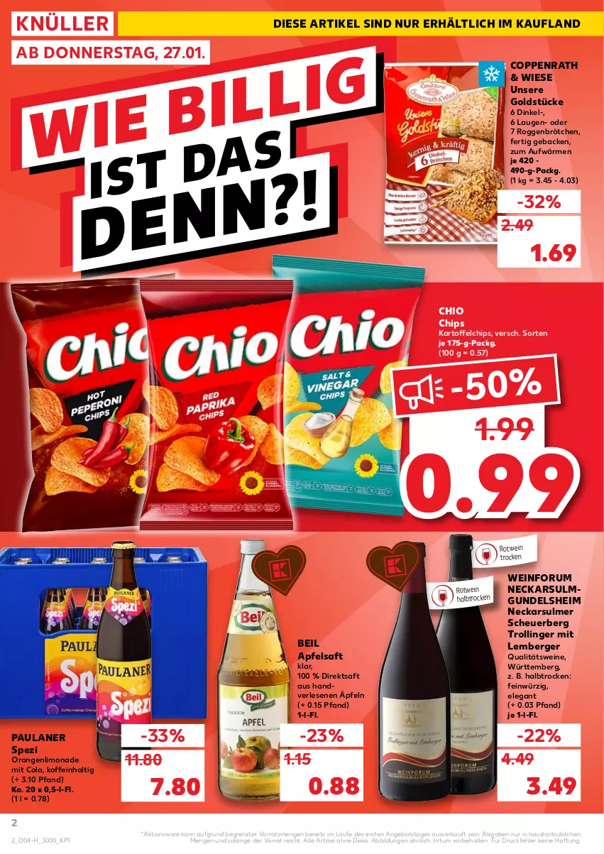 Aktueller Prospekt Kaufland - Spezielle Angebote - von 27.01 bis 02.02.2022 - strona 2 - produkty: angebot, apfel, apfelsaft, Berger, brötchen, chio chips, chips, cola, coppenrath, direktsaft, geback, Goldstücke, Heu, kartoffel, kartoffelchips, limo, limonade, orange, orangen, Paula, paulaner, qualitätswein, qualitätsweine, roggenbrötchen, rotwein, rum, saft, Spezi, Ti, trolli, trollinger, wein, weine, ZTE