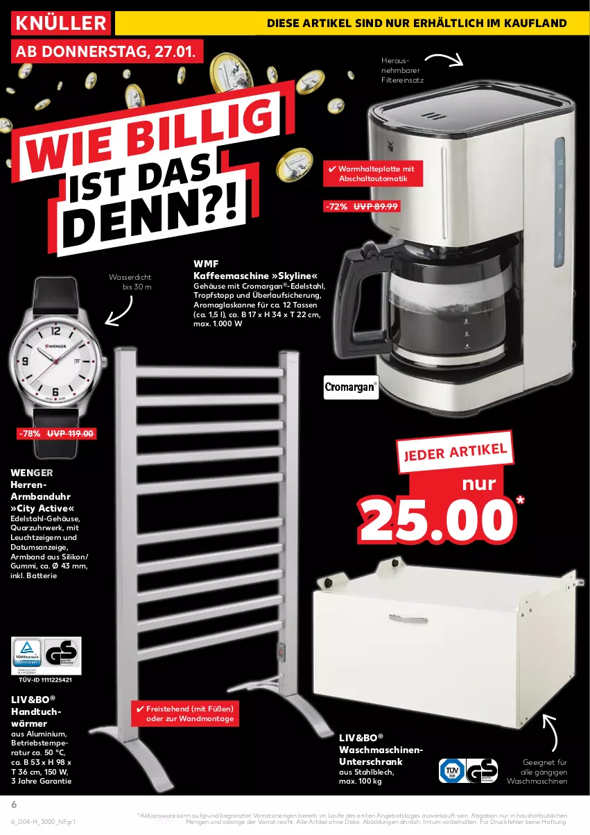 Aktueller Prospekt Kaufland - Spezielle Angebote - von 27.01 bis 02.02.2022 - strona 6 - produkty: angebot, Armband, Armbanduhr, auto, batterie, edelstahl, eis, handtuch, Herrenarmband, kaffee, kaffeemaschine, latte, reis, rwe, Schal, Schrank, tasse, Ti, tuc, uhr, unterschrank, waschmaschine, waschmaschinen, wasser, WMF, ZTE