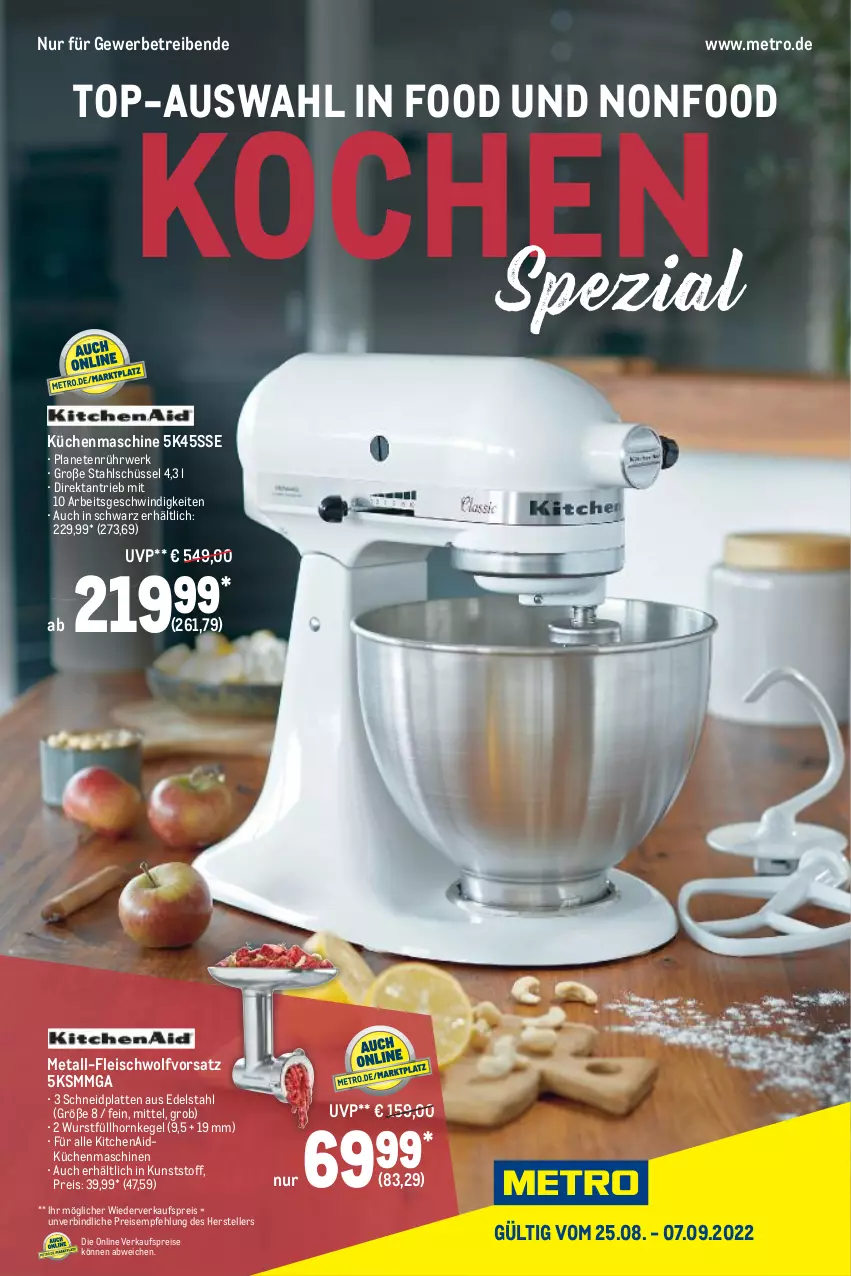 Aktueller Prospekt Metro - Kochen Spezial - von 25.08 bis 07.09.2022 - strona 1 - produkty: edelstahl, eis, elle, fleisch, KitchenAid, küche, Küchen, küchenmaschine, latte, Metro, reis, rwe, schüssel, Spezi, teller, Ti, wurst