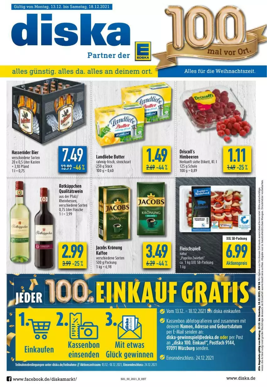 Aktueller Prospekt Diska - Prospekte - von 13.12 bis 18.12.2021 - strona 1 - produkty: angebot, angebote, beere, beeren, bier, butter, deka, driscoll's, eis, flasche, fleisch, gewinnspiel, hasseröder, himbeer, himbeere, himbeeren, jacobs, jacobs krönung, kaffee, landliebe, paprika, qualitätswein, reis, rotkäppchen, Schal, Schale, Streichzart, Ti, wein, zwiebel