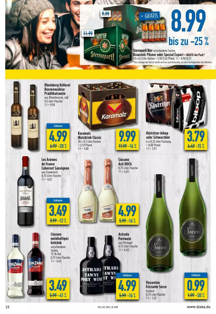 Aktueller Prospekt Diska - Prospekte - von 13.12 bis 18.12.2021 - strona 15 - produkty: asti, Astra, aust, beere, beeren, bier, cabernet, cabernet sauvignon, cin, cinzano, Cinzano Asti, drink, ecco, elle, flasche, frizzante, getränk, karamalz, köstritzer, malz, pils, pilsner, Portwein, rama, sauvignon, Spezi, Ti, vescovino, wein