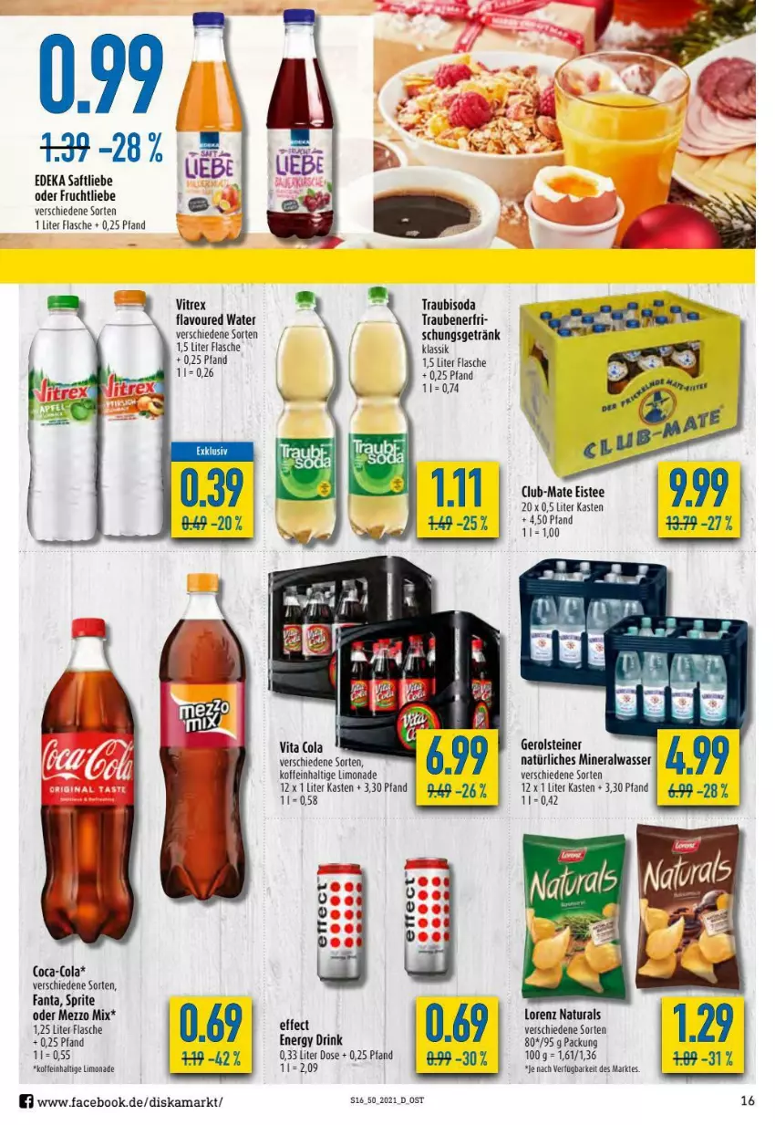 Aktueller Prospekt Diska - Prospekte - von 13.12 bis 18.12.2021 - strona 16 - produkty: Alwa, coca-cola, cola, deka, drink, Effect, eis, eistee, energy drink, fanta, flasche, frucht, gerolsteine, gerolsteiner, getränk, limo, limonade, lorenz, mineralwasser, natur, natura, natürliches mineralwasser, nerf, saft, Soda, sprite, steiner, tee, Ti, trauben, Traubisoda, vita, Vita C, vitrex, wasser