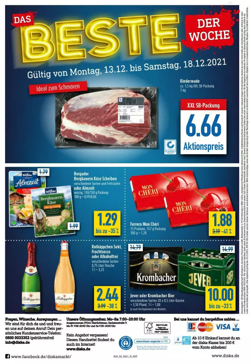 Aktueller Prospekt Diska - Prospekte - von 13.12 bis 18.12.2021 - strona 20 - produkty: angebot, angebote, bier, deka, ecco, eis, ente, frucht, fruchtsecco, jever, krombache, krombacher, rind, rinder, rotkäppchen, sekt, tee, telefon, Ti, uhr