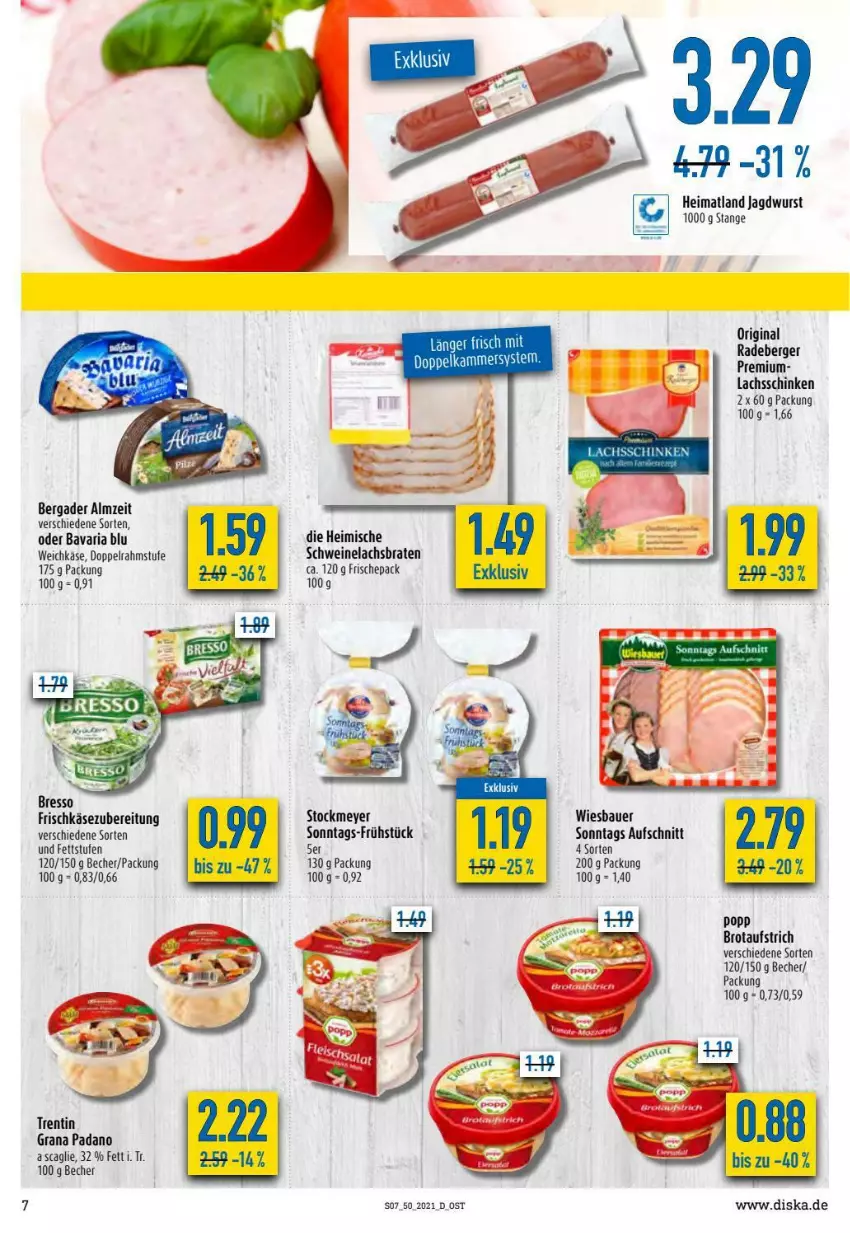 Aktueller Prospekt Diska - Prospekte - von 13.12 bis 18.12.2021 - strona 7 - produkty: auer, aufschnitt, aufstrich, Bau, Bauer, bavaria blu, Becher, bergader, braten, bresso, brot, brotaufstrich, doppelrahmstufe, frischkäse, frischkäsezubereitung, gin, grana, grana padano, jagdwurst, Käse, lachs, Lachsbraten, lachsschinken, padano, Popp, Rana, Ria, schinken, schwein, schweine, Schweinelachs, stockmeyer, Ti, weichkäse, wein, weine, wiesbauer, wurst