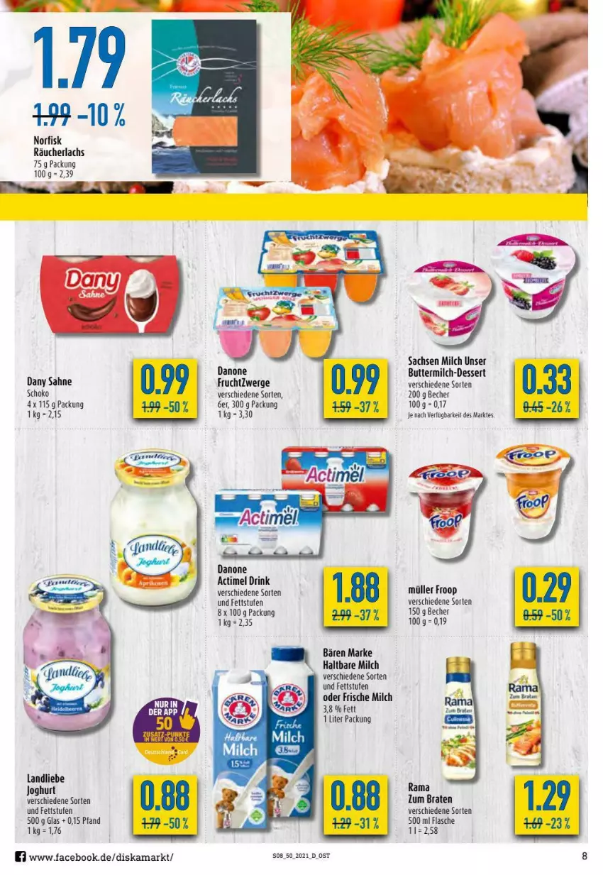 Aktueller Prospekt Diska - Prospekte - von 13.12 bis 18.12.2021 - strona 8 - produkty: actimel, actimel drink, Becher, braten, butter, buttermilch, danone, danone actimel drink, danone fruchtzwerge, Dany, dany sahne, dessert, drink, flasche, frische milch, froop, frucht, fruchtzwerge, haltbare milch, joghur, joghurt, lachs, landliebe, landliebe joghurt, milch, Müller, müller froop, Räucherlachs, sac, sahne, schoko, Ti