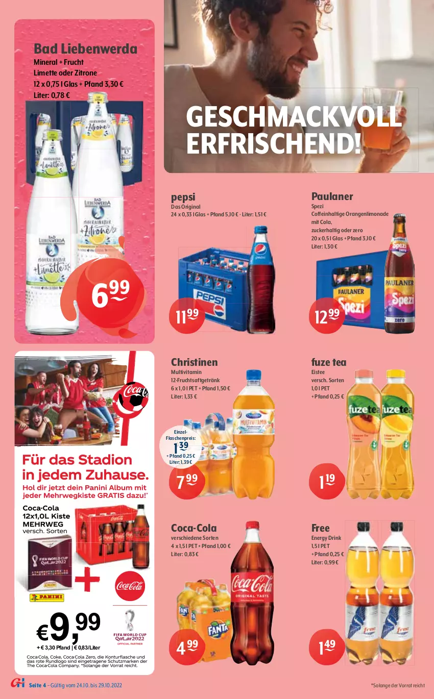 Aktueller Prospekt Getraenke Hoffmann - Prospekte - von 24.10 bis 29.10.2022 - strona 4 - produkty: Afri Cola, Bad, Bad Liebenwerda, bio, bio limo, coca-cola, coffein, cola, drink, eis, eistee, energy drink, flasche, frucht, fruchtsaft, fruchtsaftgetränk, fuze tea, getränk, getränke, gin, granini, Happy Day, limette, limo, limonade, mac, mango, maracuja, Mett, orange, orangen, orangina, Paula, paulaner, pepsi, Rauch, reis, saft, schweppes, Spezi, Spreequell, tee, Ti, vita, zitrone, zucker