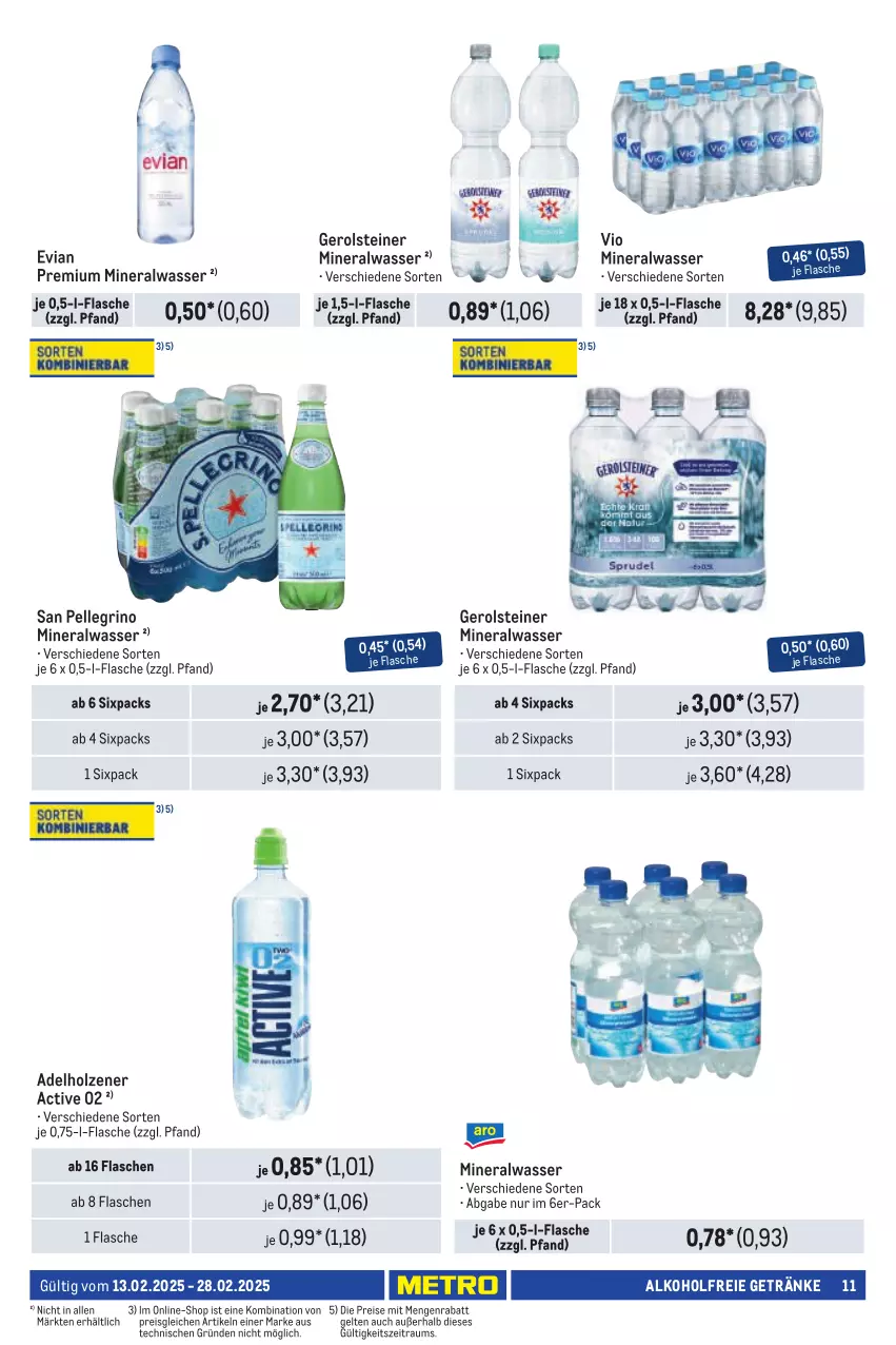 Aktueller Prospekt Metro - Händler Journal - von 13.02 bis 28.02.2025 - strona 11 - produkty: adelholzener, alkohol, alkoholfreie getränke, Alwa, eis, elle, flasche, gerolsteine, gerolsteiner, getränk, getränke, Holz, mineralwasser, reis, san pellegrino, steiner, Ti, wasser