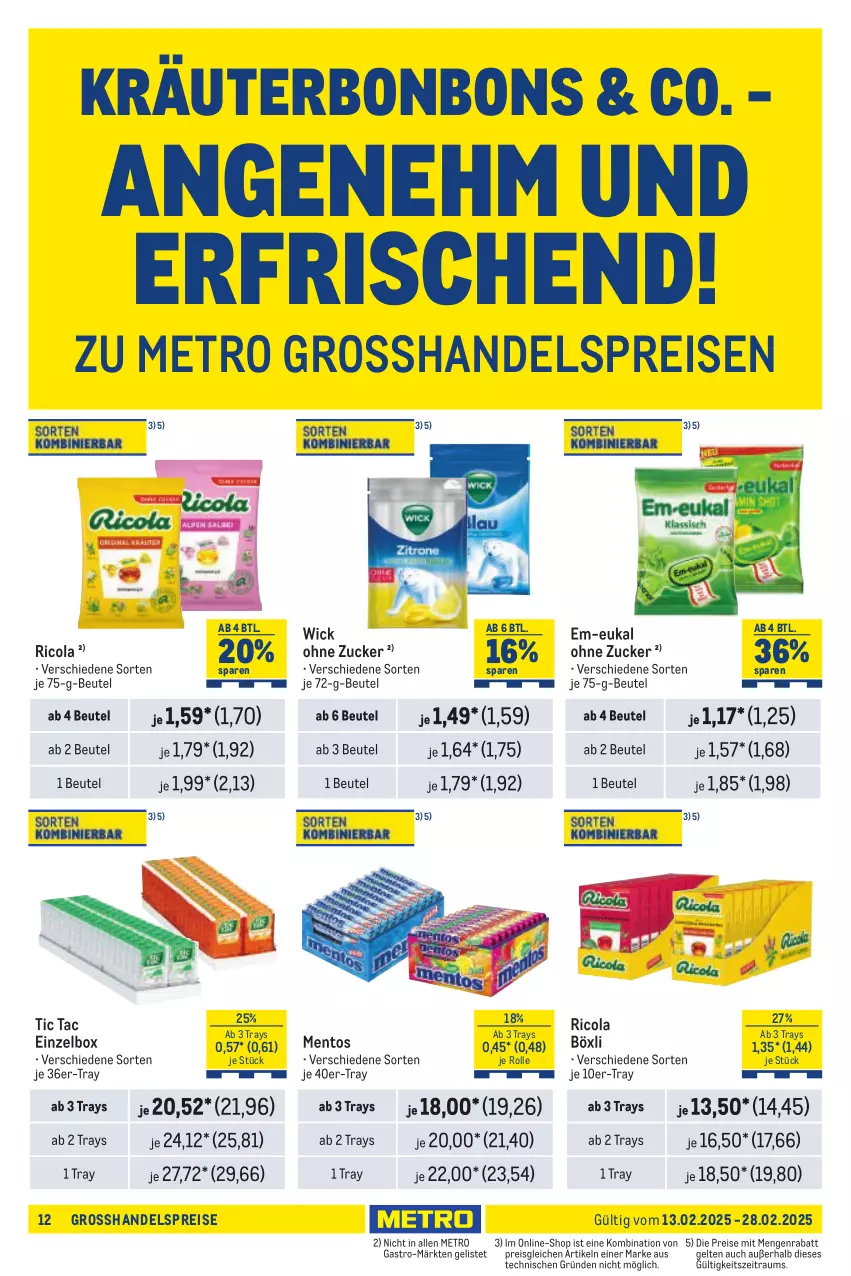 Aktueller Prospekt Metro - Händler Journal - von 13.02 bis 28.02.2025 - strona 12 - produkty: beutel, bonbons, cola, eis, kräuter, mentos, Metro, reis, Ricola, Ti, WICK, zucker