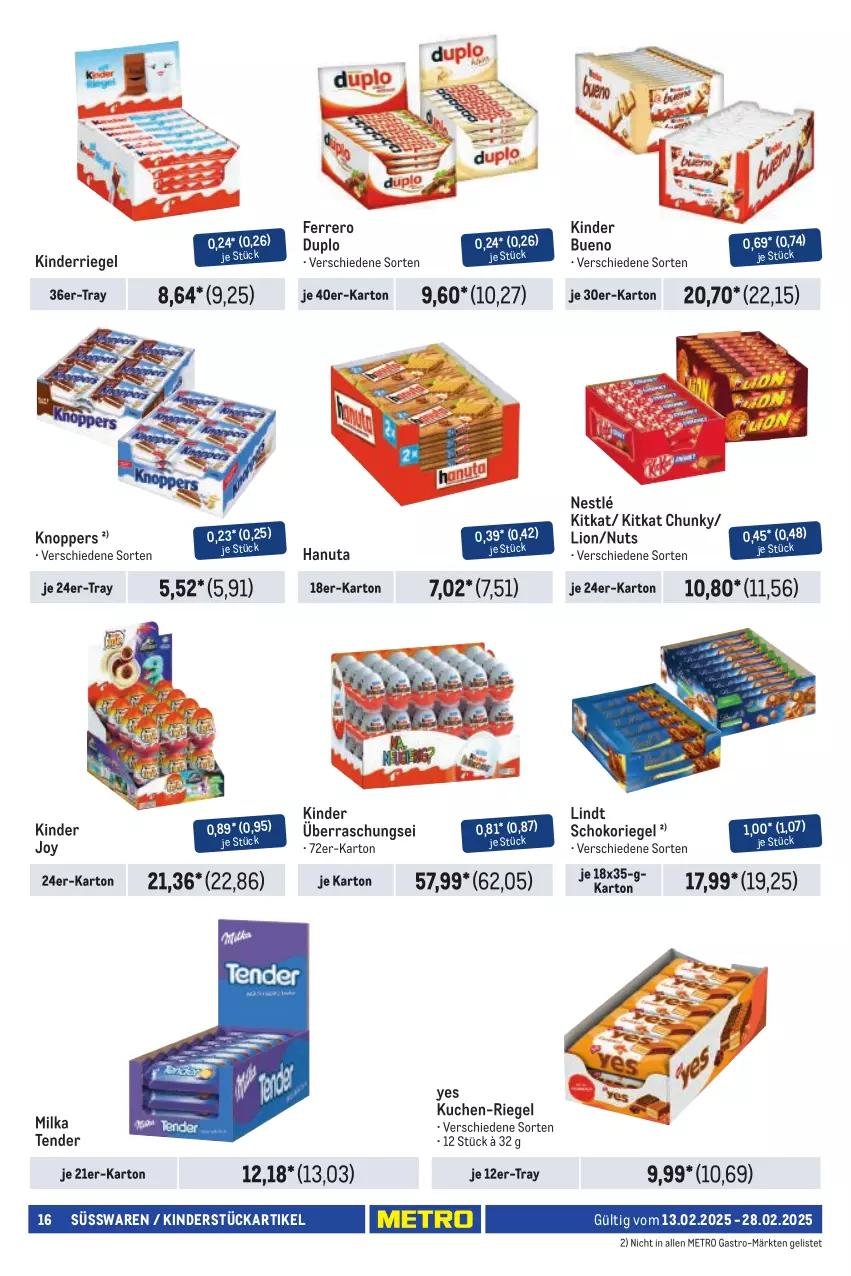 Aktueller Prospekt Metro - Händler Journal - von 13.02 bis 28.02.2025 - strona 16 - produkty: duplo, ferrero, hanuta, Kinder, kinder bueno, kitkat, knoppers, kuchen, lindt, lion, Metro, metro gastro, milka, nestlé, riegel, schoko, schokoriegel, süsswaren, tender, Ti