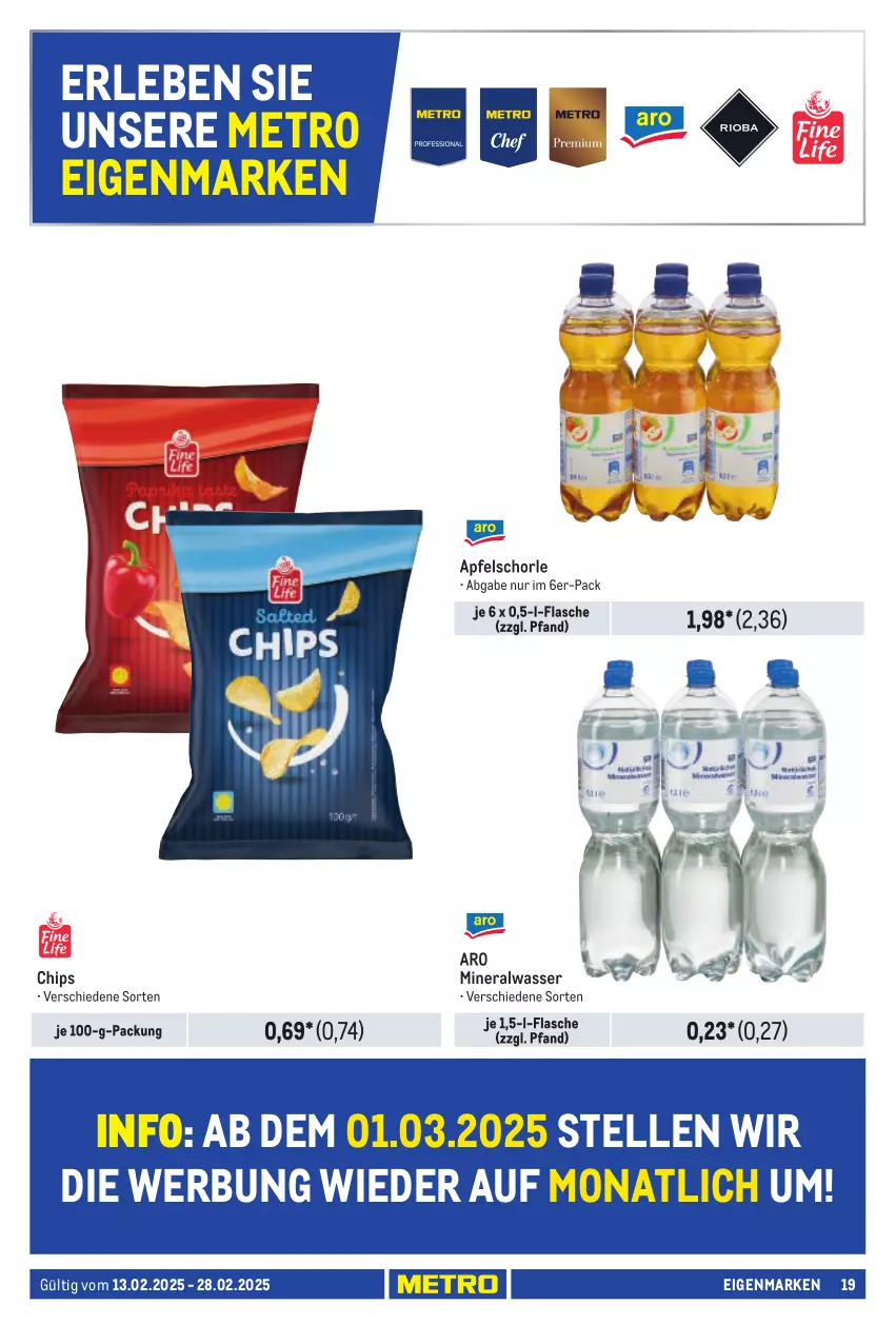 Aktueller Prospekt Metro - Händler Journal - von 13.02 bis 28.02.2025 - strona 19 - produkty: Alwa, apfel, Apfelschorle, chips, elle, flasche, Metro, mineralwasser, schorle, Ti, wasser