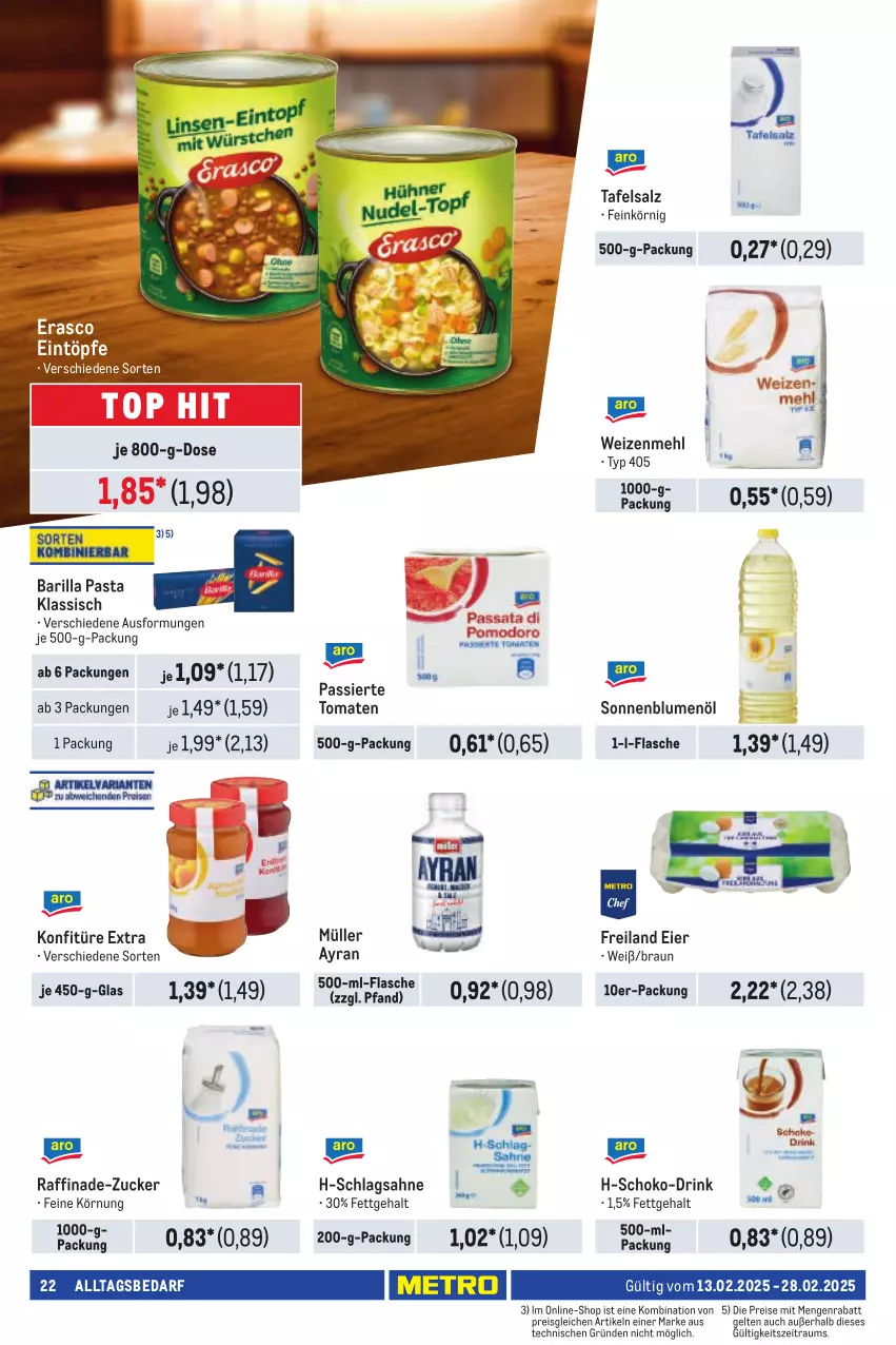 Aktueller Prospekt Metro - Händler Journal - von 13.02 bis 28.02.2025 - strona 22 - produkty: Ayran, barilla, blume, blumen, blumenöl, braun, drink, eier, eintöpfe, eis, erasco, flasche, konfitüre, konfitüre extra, mehl, Müller, pasta, reis, sahne, salz, schlagsahne, schoko, sonnenblume, sonnenblumen, sonnenblumenöl, Ti, tomate, tomaten, weizenmehl, zucker