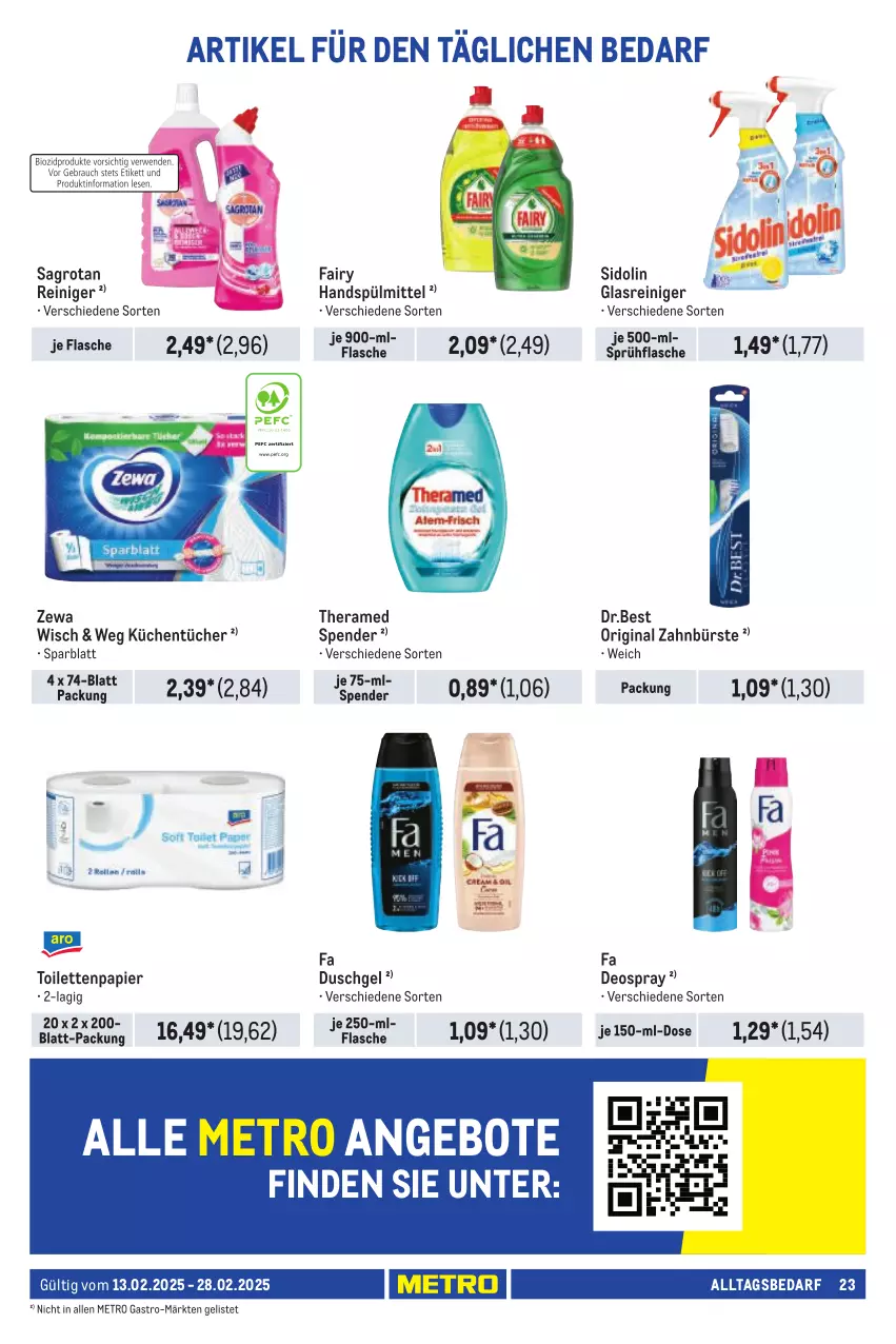 Aktueller Prospekt Metro - Händler Journal - von 13.02 bis 28.02.2025 - strona 23 - produkty: angebot, angebote, bürste, deo, deospray, duschgel, fa duschgel, fairy, flasche, gin, Glasreiniger, küche, Küchen, küchentücher, Metro, metro gastro, papier, reiniger, sagrotan, sidolin, sprühflasche, spülmittel, theramed, Ti, toilettenpapier, tücher, zahnbürste, zewa