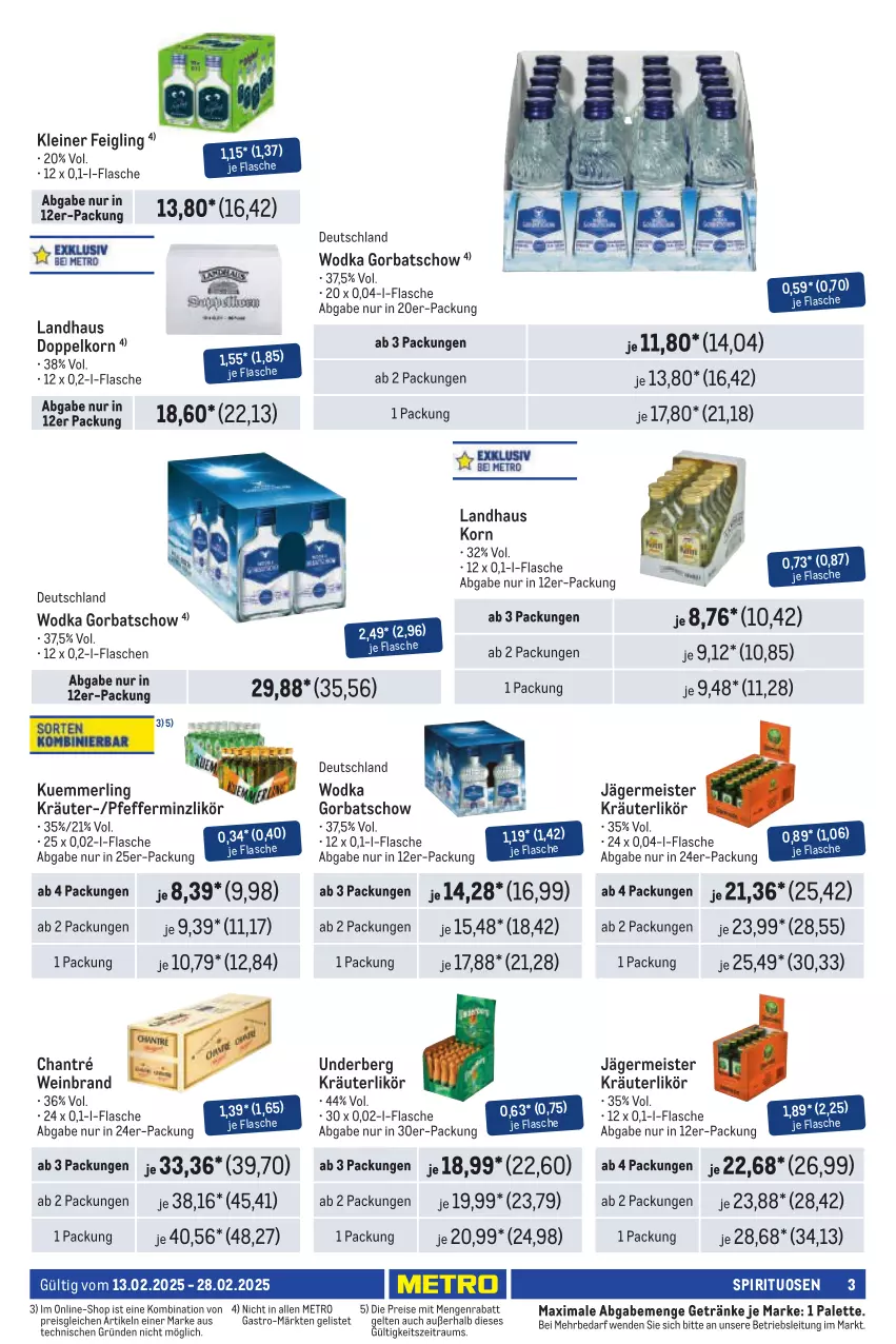 Aktueller Prospekt Metro - Händler Journal - von 13.02 bis 28.02.2025 - strona 3 - produkty: chantré, doppelkorn, eis, flasche, Germ, getränk, getränke, Gorbatschow, jägermeister, kleiner feigling, korn, kräuter, kräuterlikör, kuemmerling, leine, likör, Meister, merl, Metro, Palette, pfeffer, pfefferminzlikör, reis, spirituosen, Ti, underberg, wein, weinbrand, wodka