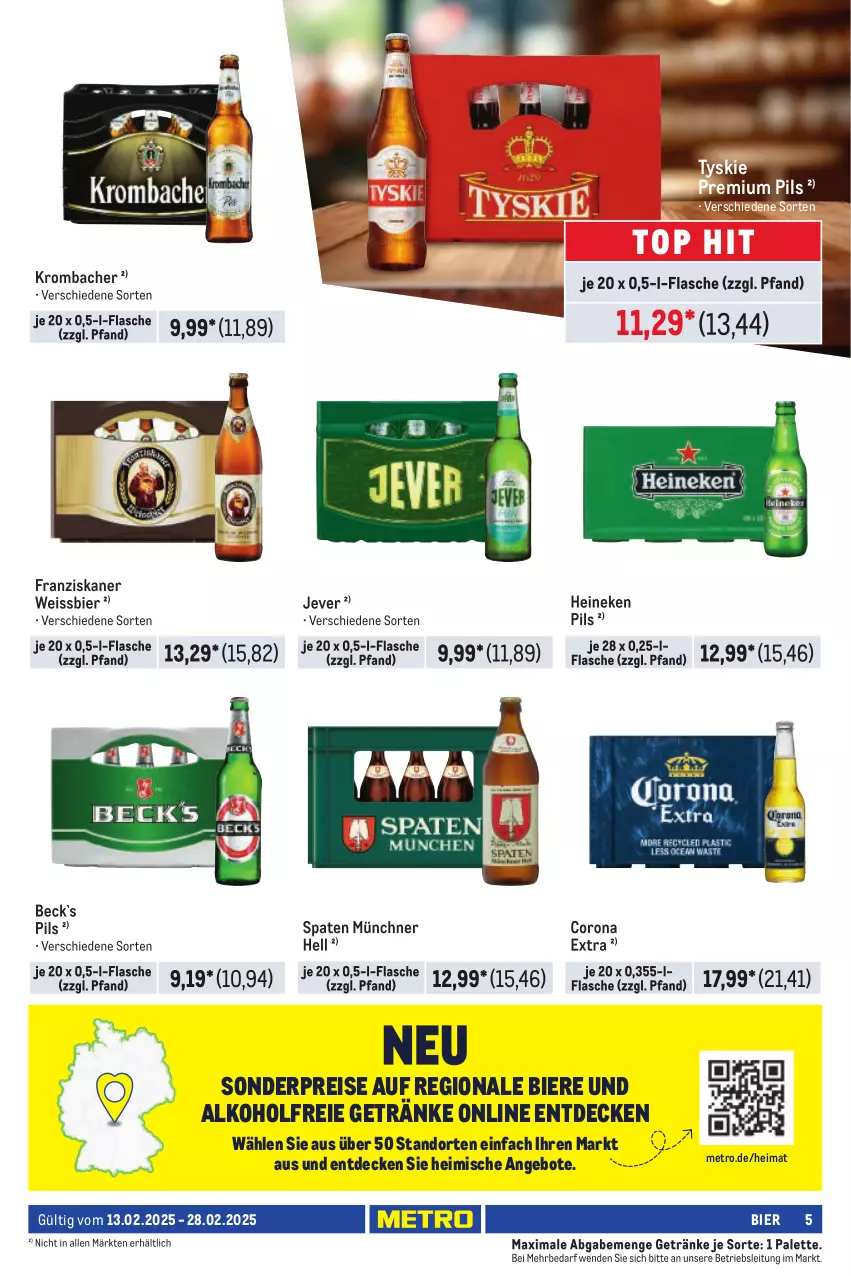 Aktueller Prospekt Metro - Händler Journal - von 13.02 bis 28.02.2025 - strona 5 - produkty: alkohol, alkoholfreie getränke, angebot, angebote, bier, Biere, corona, corona extra, decke, eis, flasche, franziskaner, getränk, getränke, heineken, jever, krombache, krombacher, Metro, Palette, pils, premium pils, reis, Spaten, Ti, tyskie, weissbier