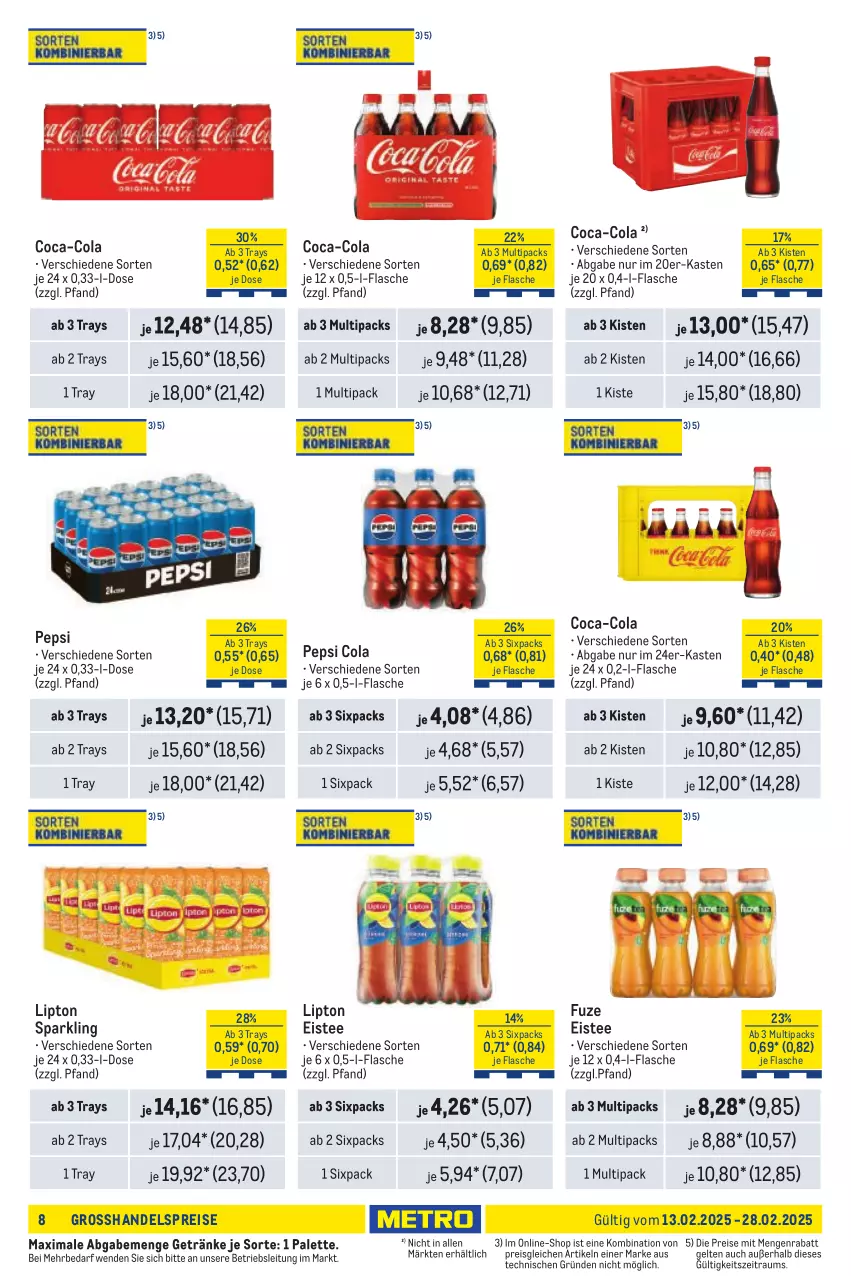 Aktueller Prospekt Metro - Händler Journal - von 13.02 bis 28.02.2025 - strona 8 - produkty: coca-cola, cola, eis, eistee, flasche, getränk, getränke, lipton, Palette, pepsi, Pepsi Cola, reis, tee, Ti