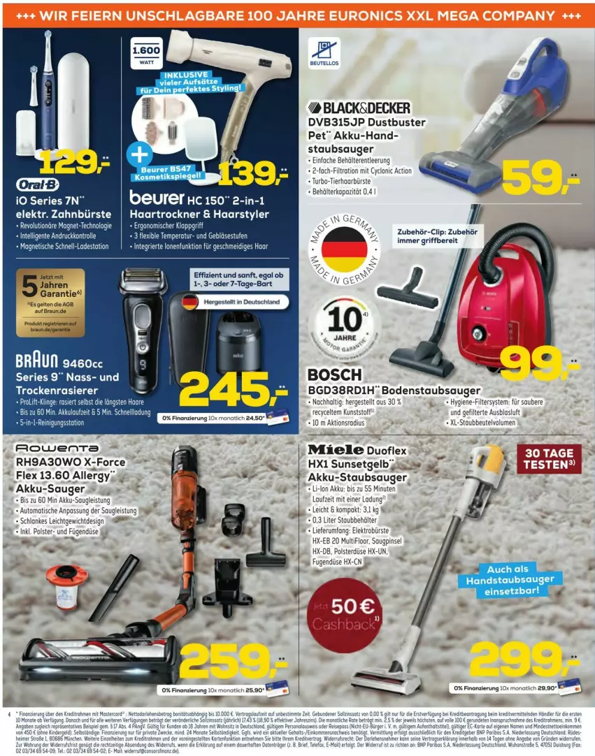 Aktueller Prospekt Euronics - Prospekte - von 24.09 bis 30.09.2025 - strona 4 - produkty: akku, Akku-Staubsauger, auto, Behälter, beutel, bodenstaubsauger, bosch, braun, bürste, decke, dvb, eier, eis, Elektro, haartrockner, lack, miele, Pinsel, rum, staubbeutel, staubsauger, tee, Ti, tisch, Trockner, usb, zahnbürste
