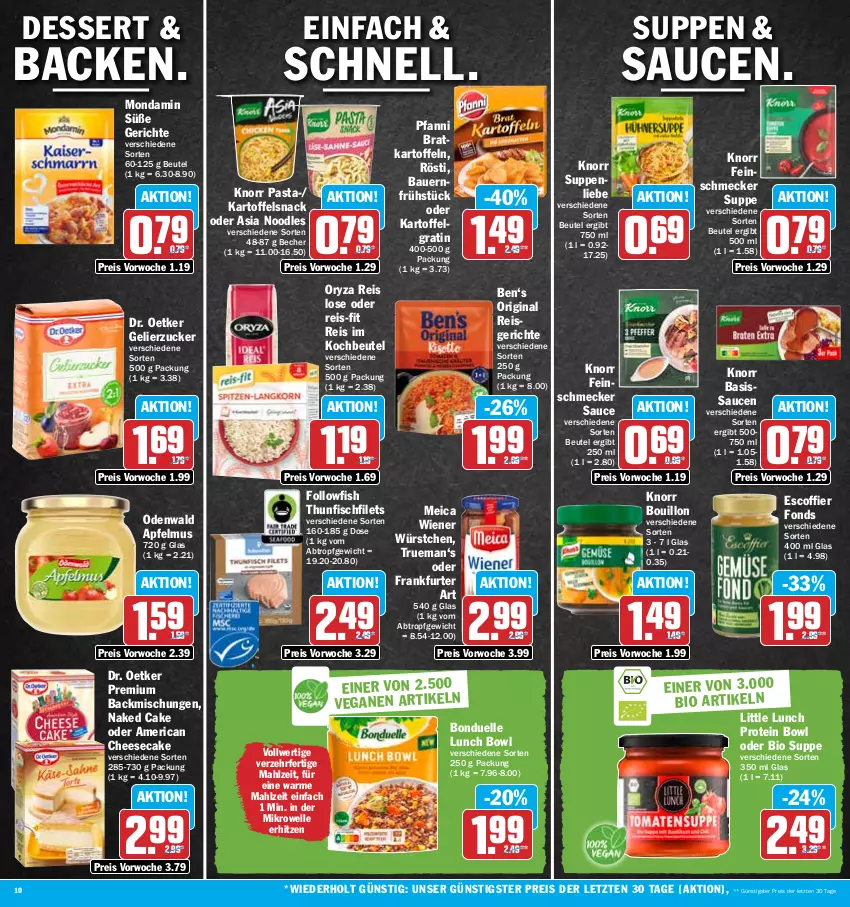 Aktueller Prospekt Hit - Prospekte - von 10.07 bis 15.07.2023 - strona 10 - produkty: apfel, apfelmus, auer, backmischung, Backmischungen, Bau, Bauer, Becher, beutel, bio, bonduelle, cheesecake, dessert, Dr. Oetker, eis, elle, feinschmecker, filet, filets, fisch, followfish, frankfurter, gelierzucker, gin, kartoffel, kartoffeln, knorr, knorr pasta, kochbeutel, LG, meica, mikrowelle, mondamin, odenwald, oryza, pasta, pfanni, reis, reis-fit, sauce, saucen, snack, suppe, suppen, suppenliebe, thunfisch, Ti, wiener, wiener würstchen, würstchen, ZTE, zucker