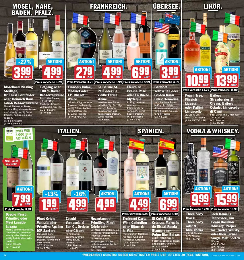 Aktueller Prospekt Hit - Prospekte - von 10.07 bis 15.07.2023 - strona 14 - produkty: ACC, aust, Bad, baileys, Bau, bio, bourbon, bourbon whiskey, Cap, chia, chianti, cola, doppio passo, dornfelder, eis, ente, finesse, flasche, freixenet, frucht, grill, grillo, J.P. Chenet, jack daniel, jako, jim beam, lack, likör, limo, Limoncello di Capri, liqueur, medinet, moselland, passo, pfirsich, Pinot, pinot grigio, primitivo, rebsortenweine, reis, Ria, riesling, rioja, saft, scotch, scotch whisky, sim, single malt, Three Sixty, Ti, vodka, wein, weine, whiskey, whisky, yellow tail, ZTE