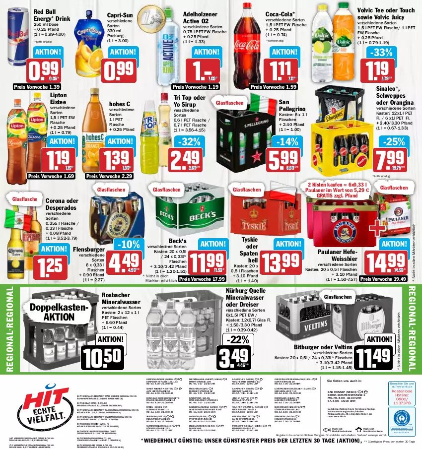 Aktueller Prospekt Hit - Prospekte - von 10.07 bis 15.07.2023 - strona 16 - produkty: adelholzener, Alwa, angebot, angebote, auer, Bad, bier, bitburger, braun, burger, Cap, capri-sun, coca-cola, cola, corona, desperados, drink, drucker, eimer, eis, eistee, elle, Engel, fisch, flasche, flensburger, gin, glasflasche, Hefe, Hohes C, Holz, kerze, lipton, Lübecker, mineralwasser, orangina, Paula, paulaner, Rauch, red bull, reis, san pellegrino, schweppes, sinalco, sirup, Spaten, tee, Ti, tyskie, uhr, veltins, volvic, wasser, weissbier, Yo, ZTE