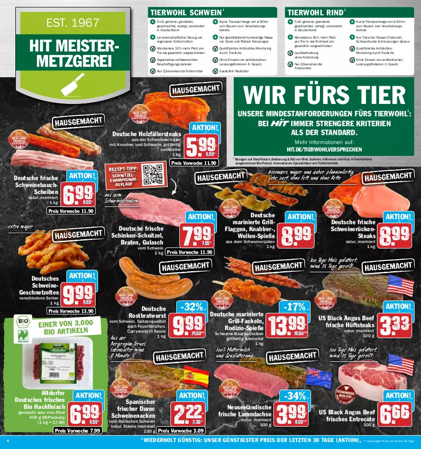 Aktueller Prospekt Hit - Prospekte - von 10.07 bis 15.07.2023 - strona 4 - produkty: auer, Bau, bauchscheiben, Bauer, beef, bio, braten, bratwurst, champignon, curry, currywurst, eis, elle, fleisch, Geflügel, geschnetzeltes, grill, grill-fackeln, gulasch, hackfleisch, hackfleisch gemischt, Holz, holzfällersteaks, hüftsteak, hüftsteaks, Kette, lachs, lack, lamm, lammlachse, mais, Meister, milch, monitor, natur, pfanne, pfannen, pute, reis, Ria, rind, ring, rostbratwurst, Rückensteak, rückensteaks, sauce, schinken, schnitzel, schwein, schweine, schweine-bauch, schweine-bauchscheiben, Schweinebauch, schweinebauchscheiben, schweinenacken, schweinerücken, Spezi, spitzenqualität, Sport, steak, steaks, Ti, Tiere, tisch, wein, weine, wurst, Zelt, ZTE