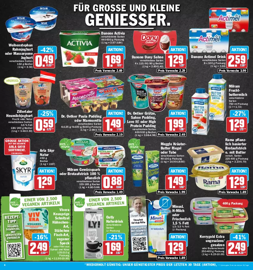 Aktueller Prospekt Hit - Prospekte - von 10.07 bis 15.07.2023 - strona 8 - produkty: actimel, actimel drink, activia, arla, arla skyr, aufstrich, Becher, brot, brotaufstrich, butter, buttermilch, Butterschmalz, danone, danone actimel drink, danone activia, Dany, dany sahne, Dr. Oetker, drink, eis, filet, fisch, frucht, gewürz, gewürzquark, grütze, hafer, Haferdrink, Heu, heumilch, joghur, joghurt, Käse, kerrygold, kerrygold extra, kräuter, kräuterbutter, leine, malz, marmorette, mascarpone, meggle, milch, milram, natur, Paula, paula pudding, pudding, quark, rahmjoghurt, rama, reis, riegel, sahne, salz, Schmalz, schnittlauch, schnitzel, Skyr, Speck, spinat, Ti, Vichy, weihenstephan, ZTE, zwiebel, zwiebeln