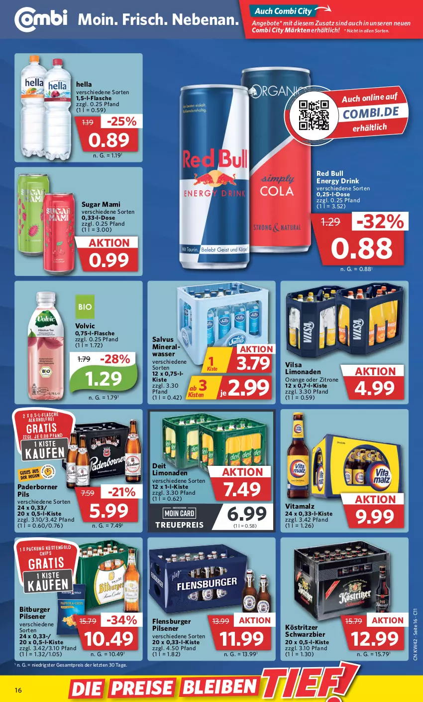 Aktueller Prospekt Combi - Prospekte - von 17.10 bis 22.10.2022 - strona 16 - produkty: alkohol, Alwa, angebot, angebote, bier, bitburger, bitburger pils, burger, deit, drink, eis, energy drink, flasche, flensburger, hella, köstritzer, limo, limonade, limonaden, malz, mam, mineralwasser, orange, pils, pilsener, red bull, reis, Ti, vilsa, vita, vitamalz, volvic, wasser, zitrone, ZTE