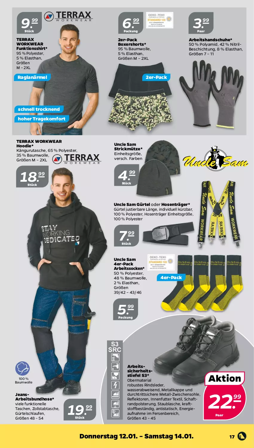 Aktueller Prospekt Netto - Woche 2 - von 09.01 bis 14.01.2023 - strona 17 - produkty: Arbeitssocken, Bau, baumwolle, eis, elle, funktionsshirt, handschuhe, hose, hosen, jeans, kraft, Laufen, Mütze, Ria, rind, schuhe, shirt, shorts, socken, Stier, Tasche, taschen, Ti, tisch, wasser, wolle