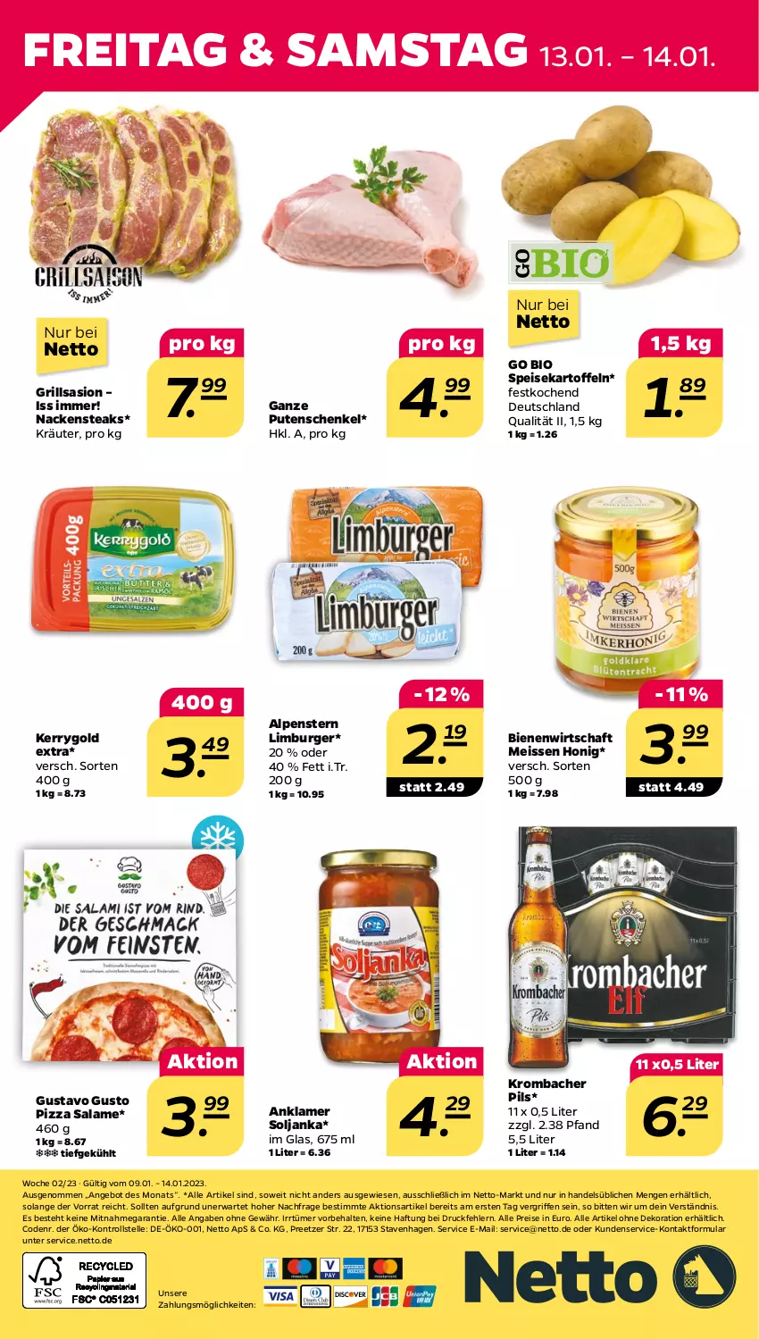 Aktueller Prospekt Netto - Woche 2 - von 09.01 bis 14.01.2023 - strona 24 - produkty: alle artikel ohne dekoration, angebot, bio, burger, dekoration, eis, elle, grill, henkel, honig, kartoffel, kartoffeln, kerrygold, kerrygold extra, kräuter, krombache, krombacher, krombacher pils, Limburger, Nackensteak, nackensteaks, pils, pizza, pizza salame, pute, reis, schenkel, speisekartoffeln, steak, steaks, Ti